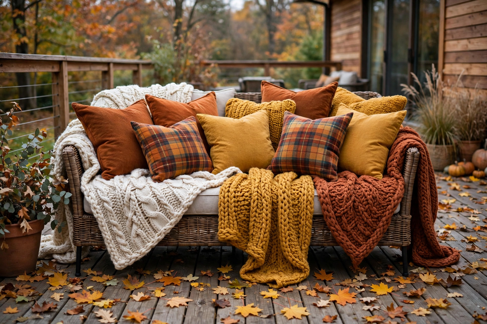 Fall patio chairs piled with plaid blankets and rust and mustard throw pillows