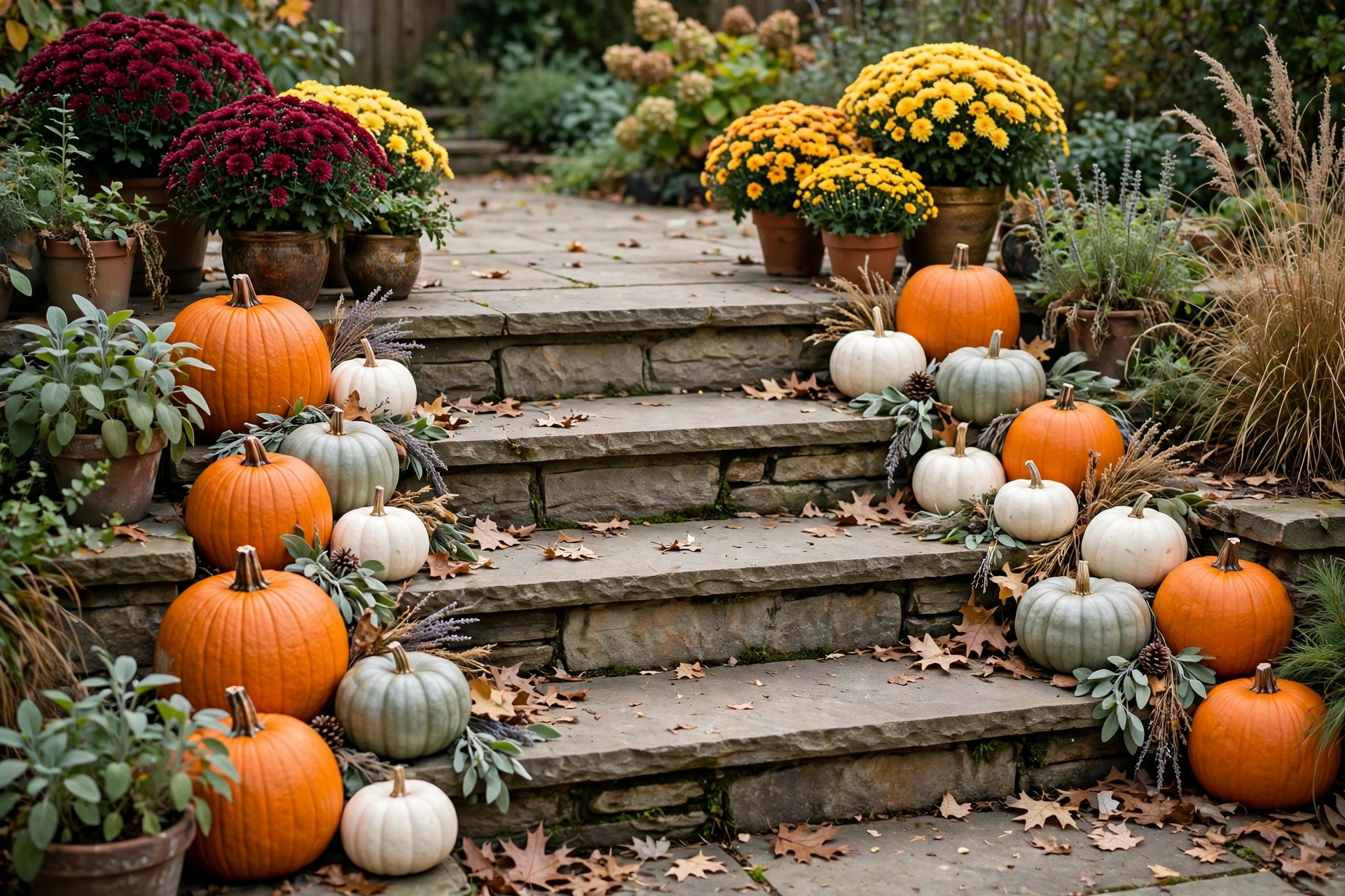 Patio steps lined with pumpkins and pots of burgundy and gold mums