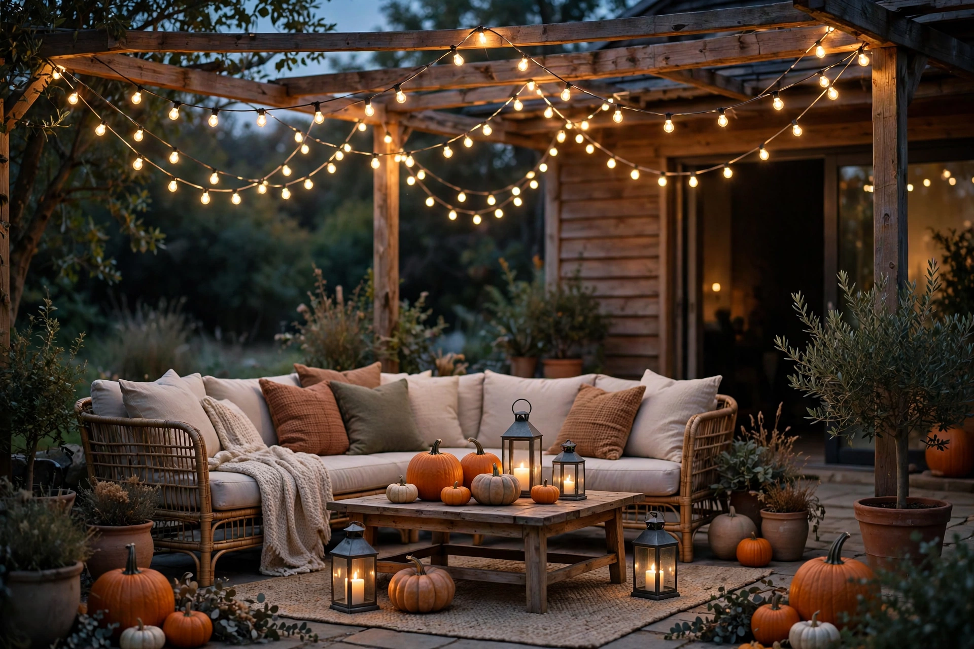 Warm-white string lights draped overhead across a fall patio