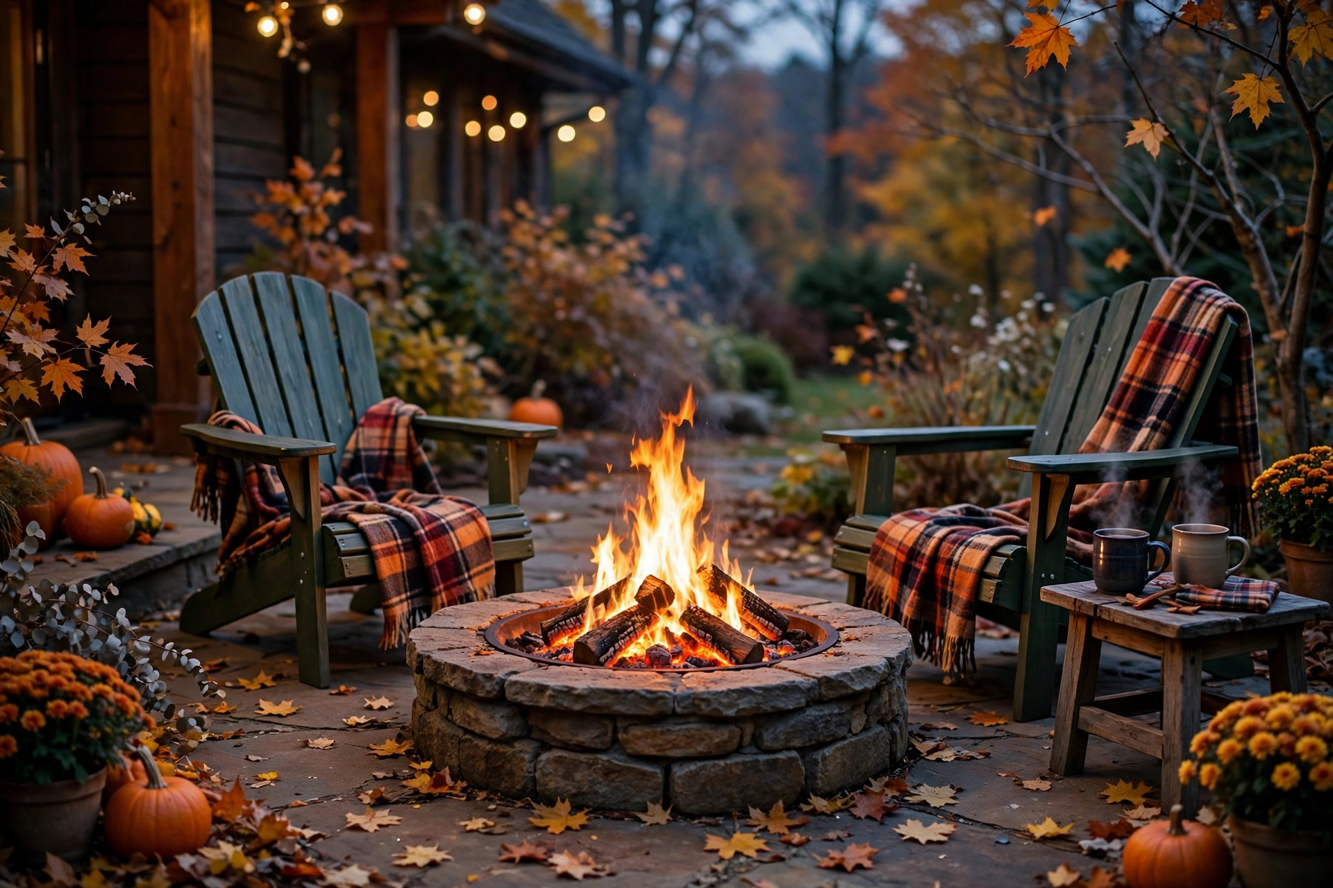 Cozy fall patio fire pit with chairs arranged around it