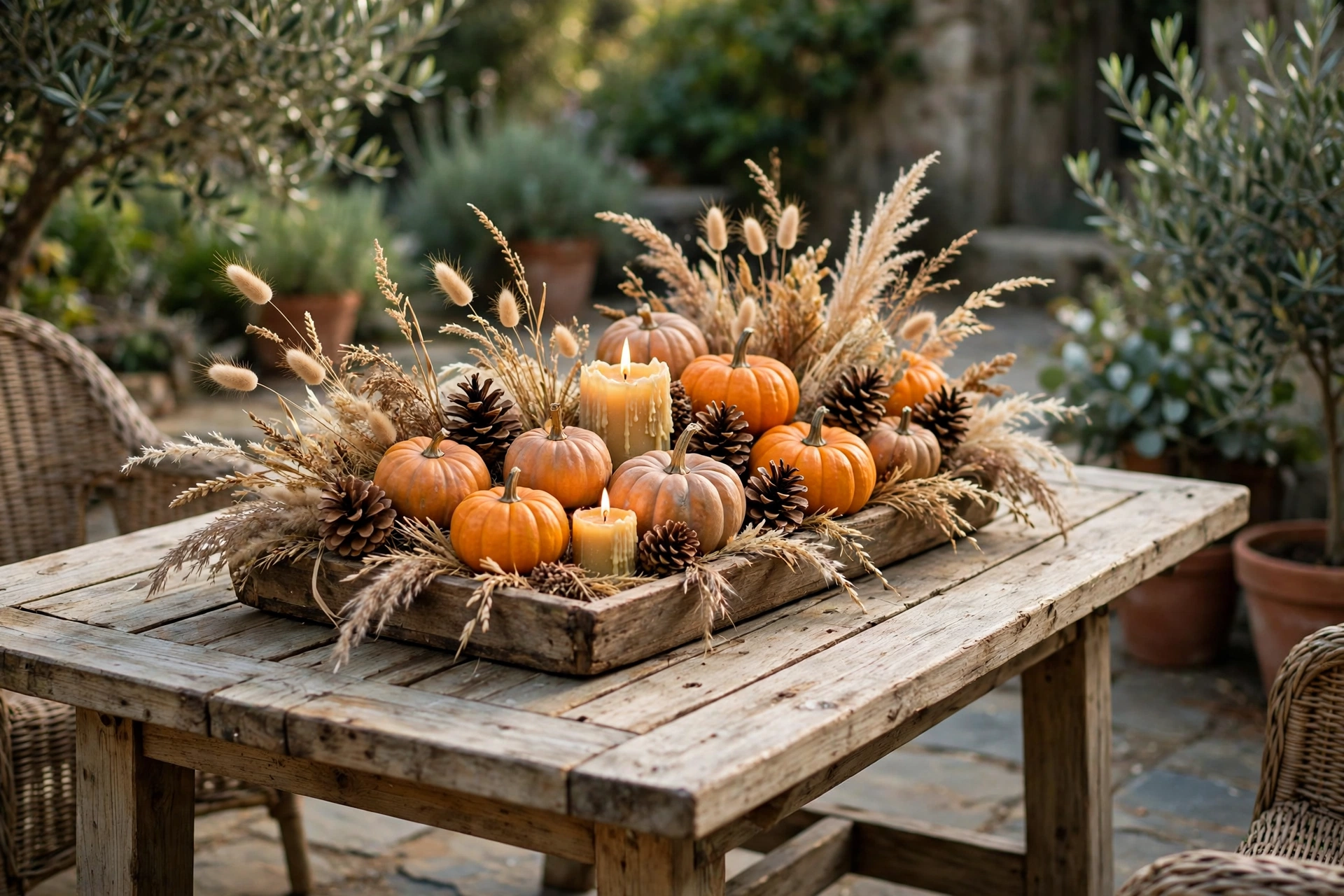 Fall centerpiece on an outdoor patio table with mini pumpkins and candles