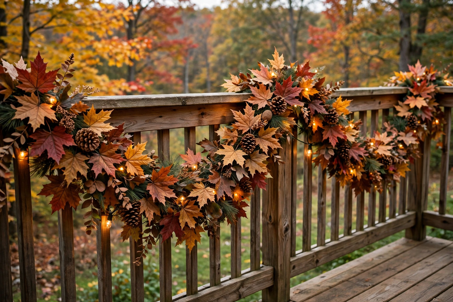 Autumn leaf garland draped along a patio railing with fairy lights