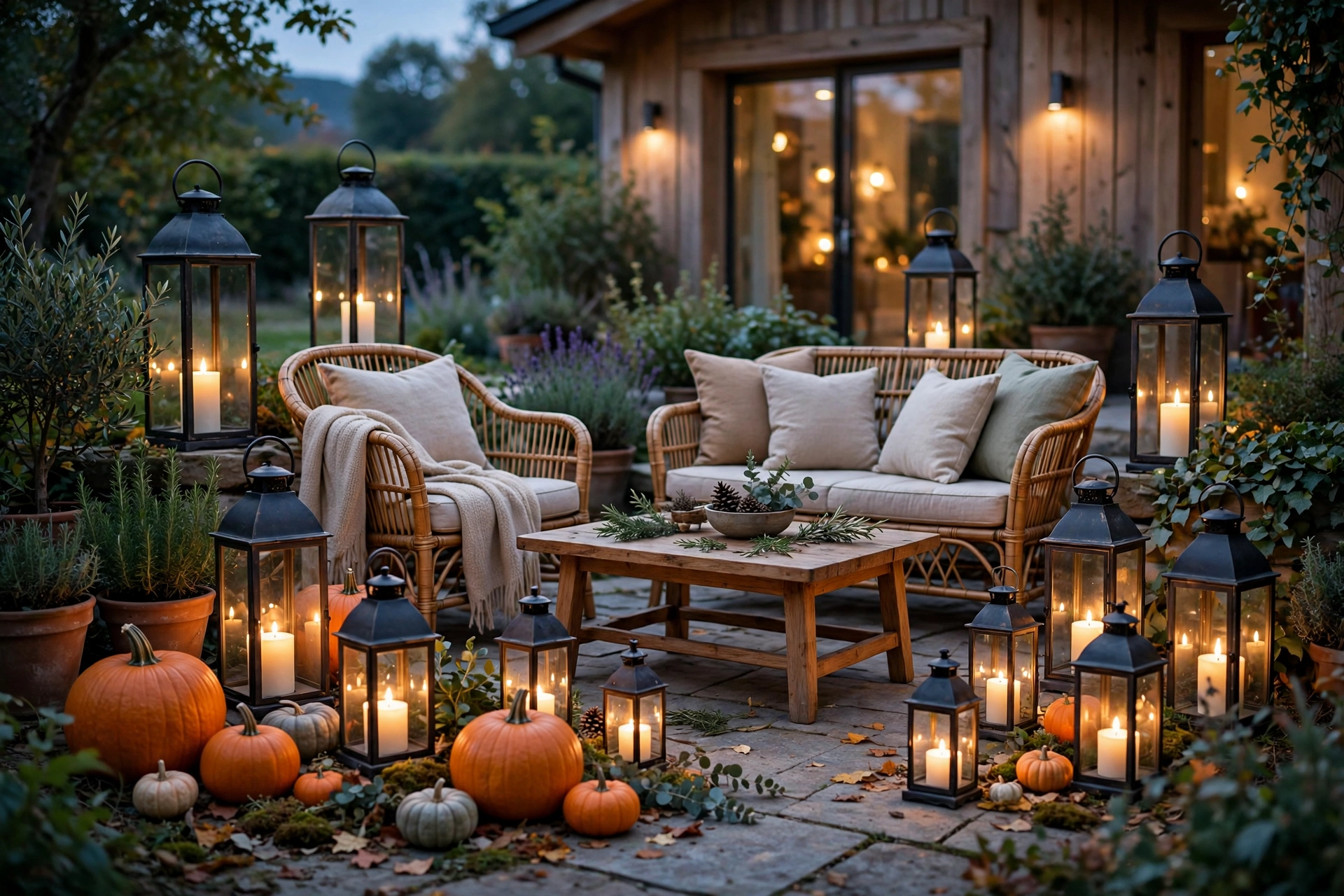 Lanterns of different heights glowing around a fall patio seating area