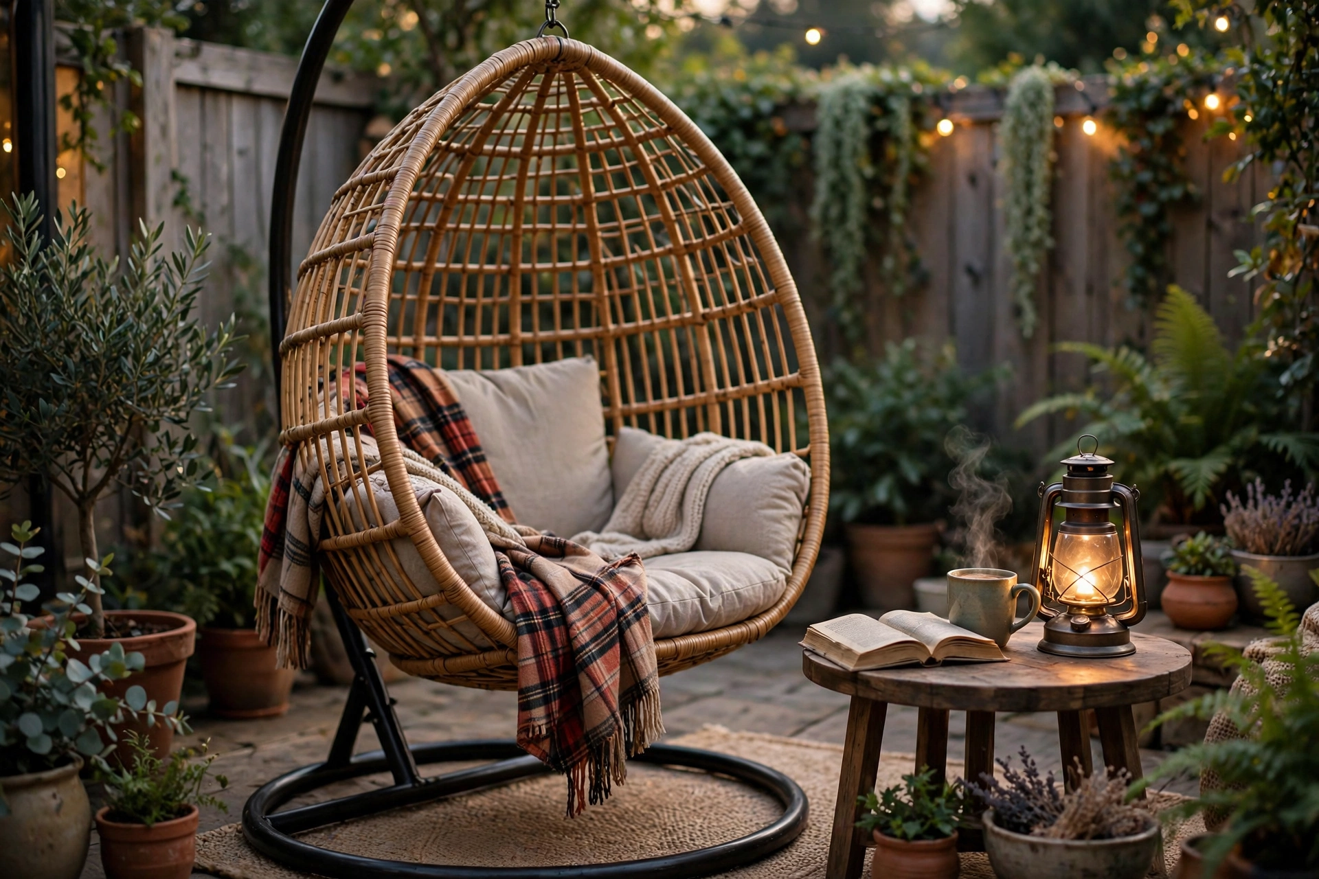 Cozy patio reading nook with an armchair, plaid throw and lantern