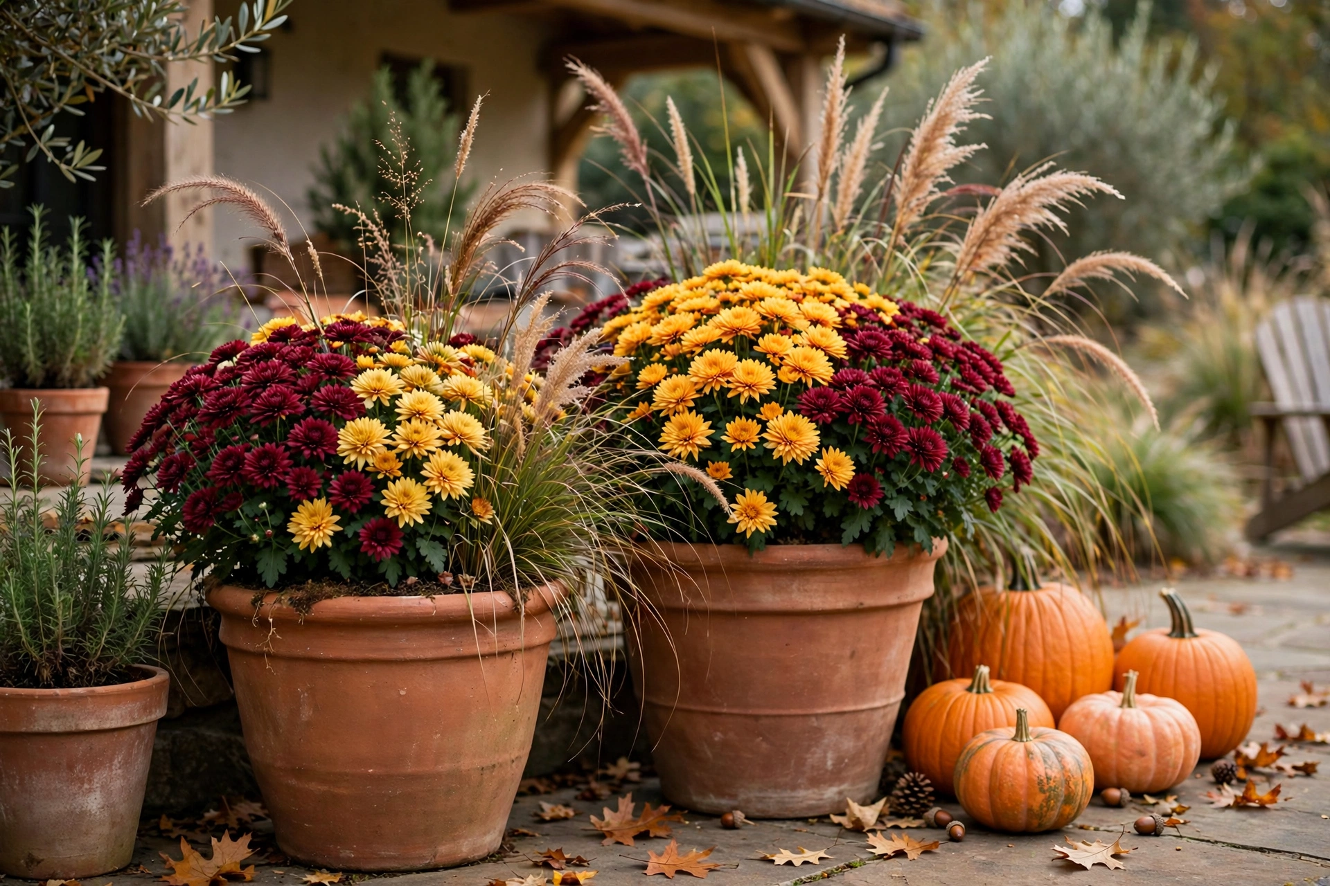 Fall patio pots with burgundy and gold mums and ornamental grasses