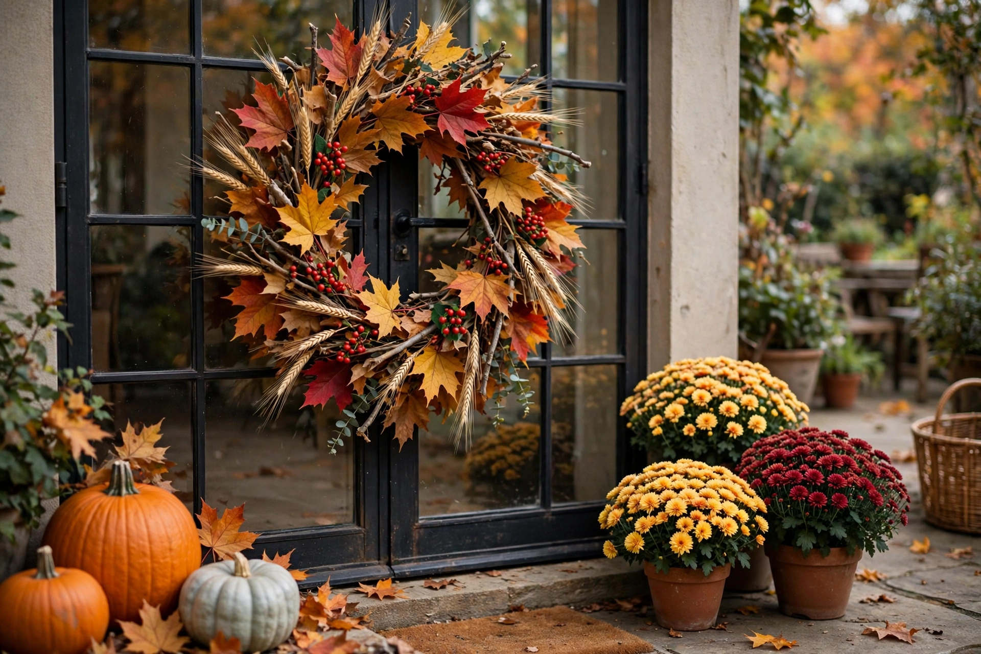 Autumn wreath with maple leaves, wheat and mini pumpkins on a patio door