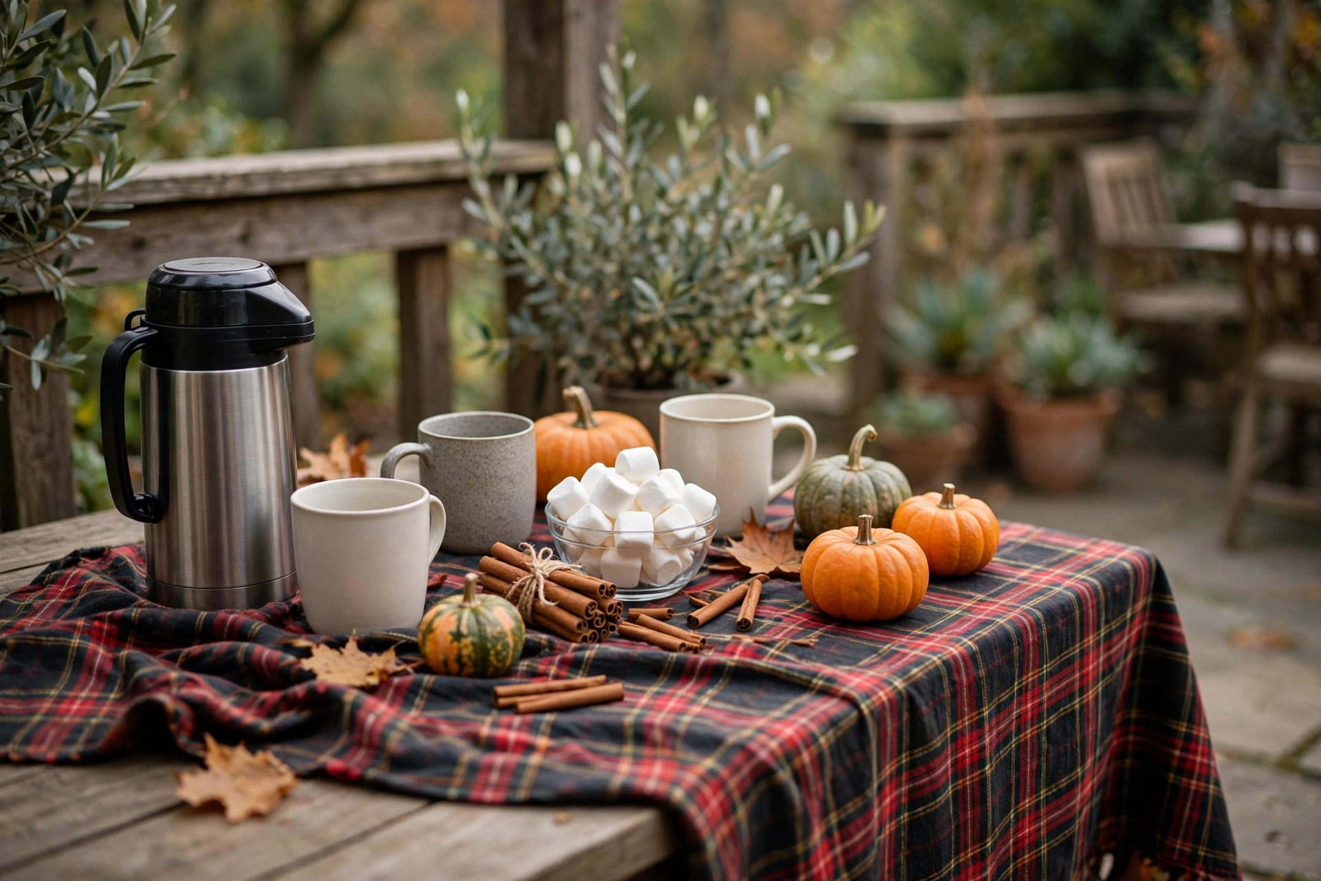 Fall patio hot drink station with cider, mugs and cinnamon sticks