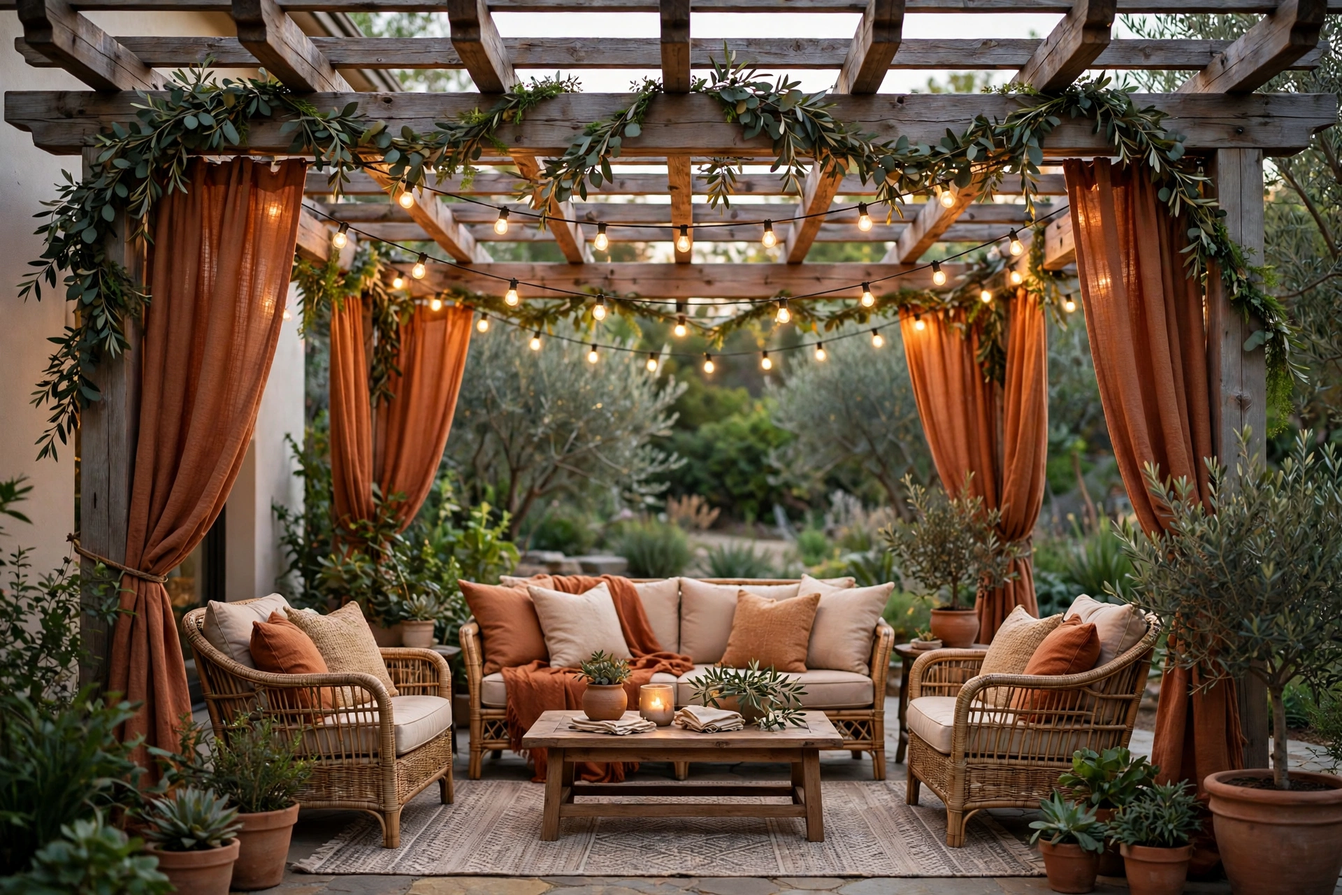 Patio pergola with cream and rust fall drapes and string lights