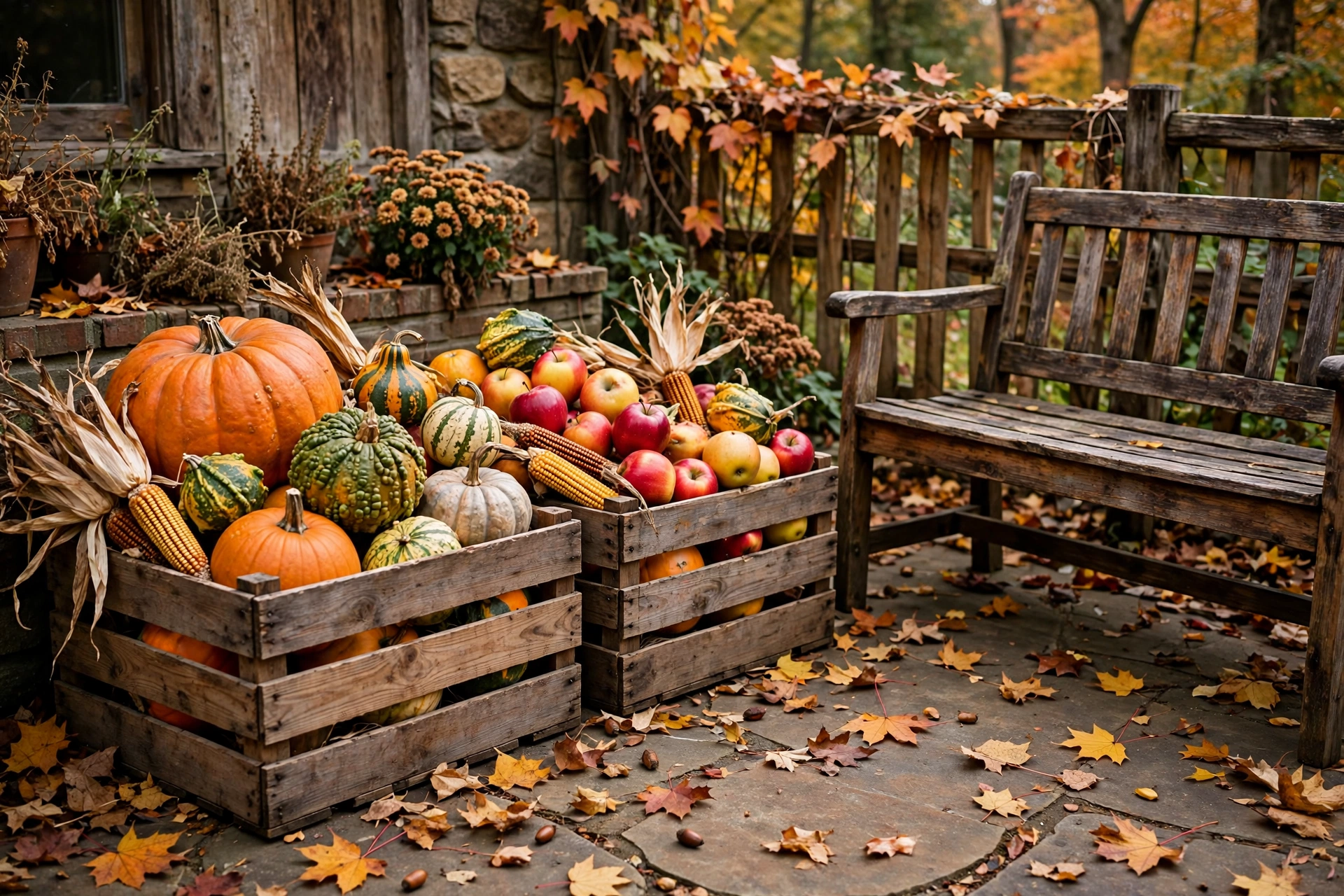 Harvest crate display with pumpkins, gourds and dried corn on a patio