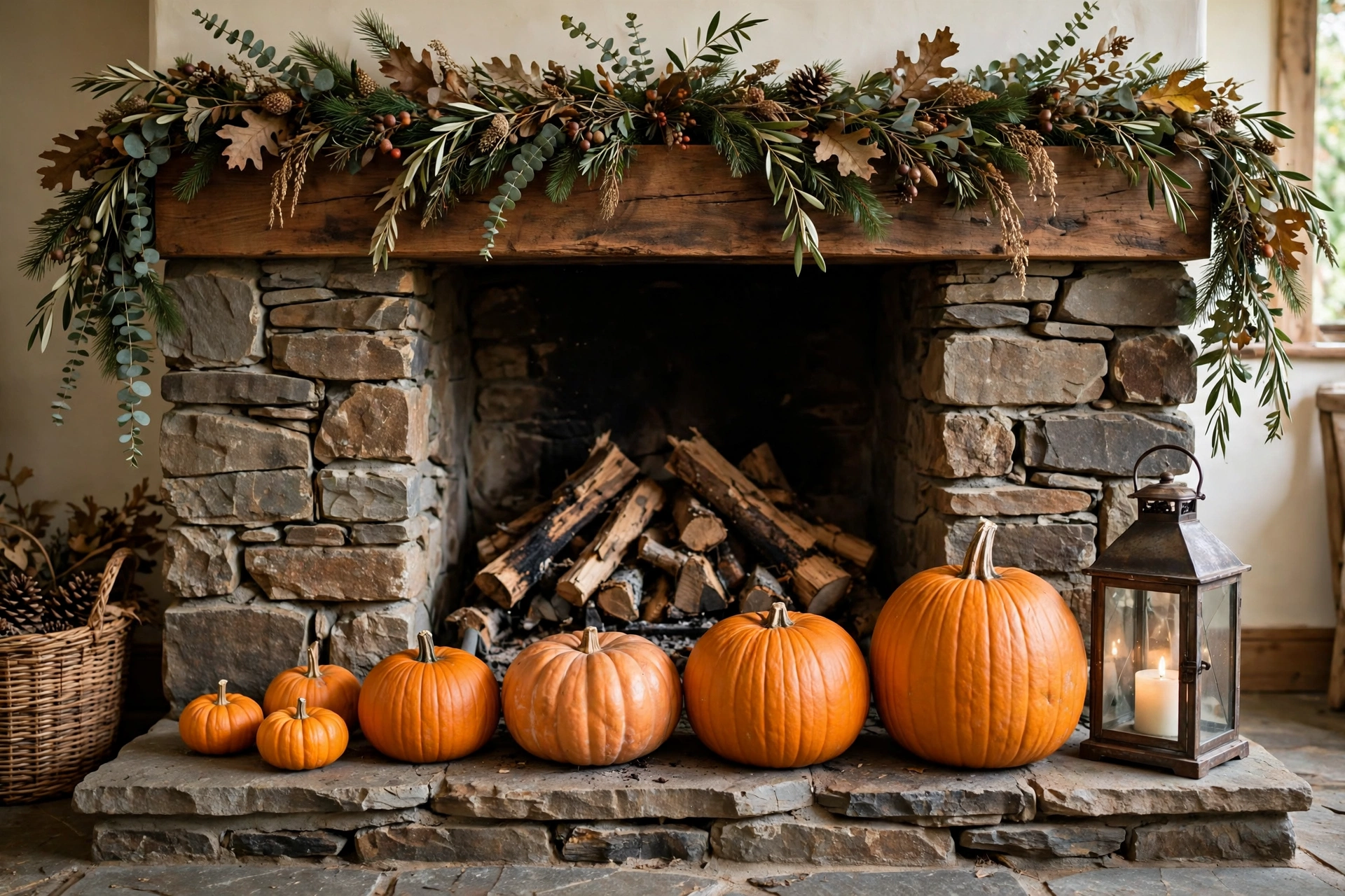 8. Line the Fireplace Hearth With Pumpkins