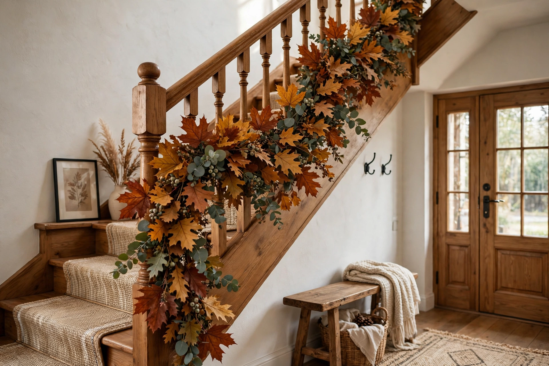 Staircase banister draped with a lush autumn leaf garland