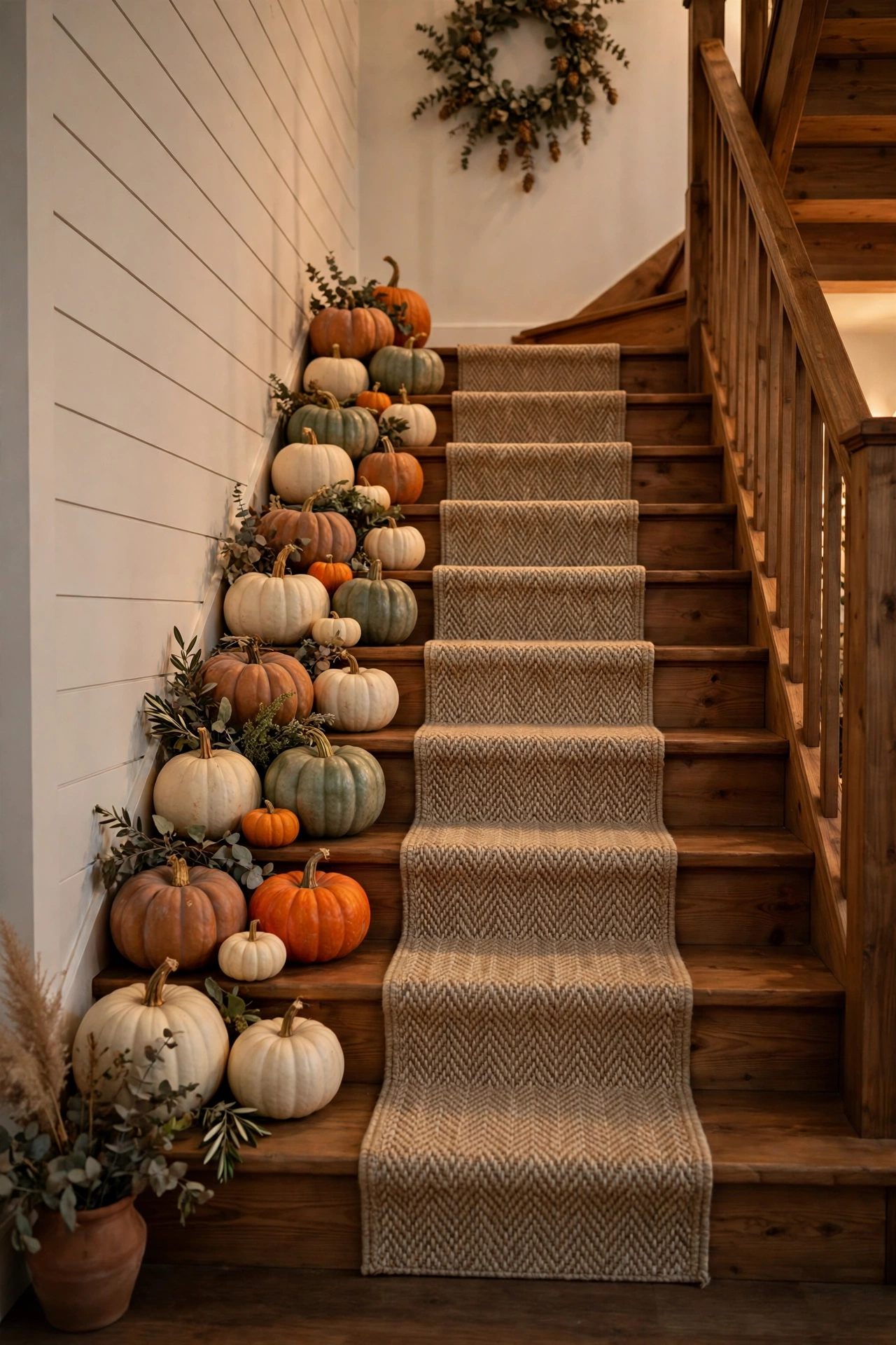 Pumpkins lined along wooden staircase steps