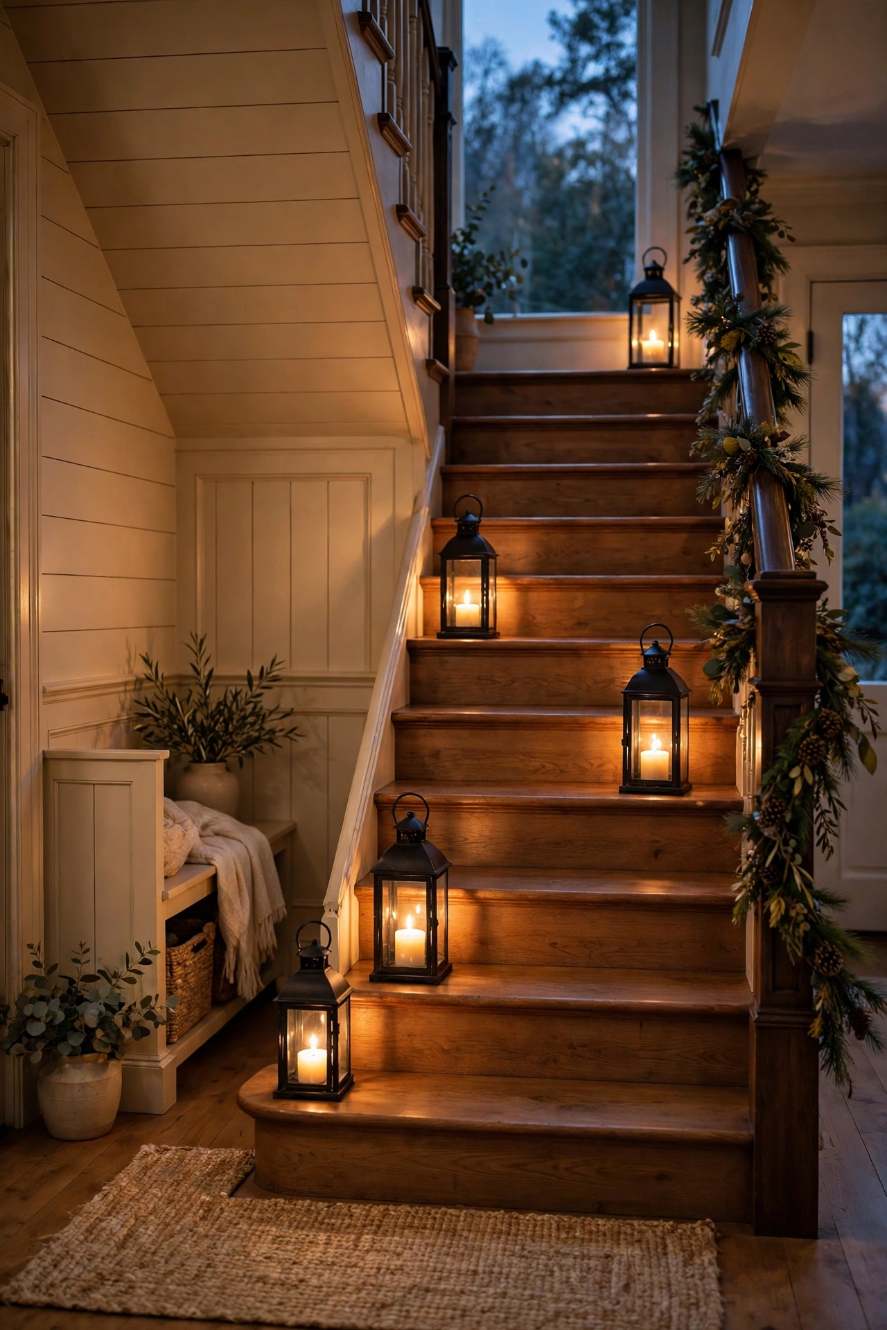 Lanterns glowing on staircase steps at dusk