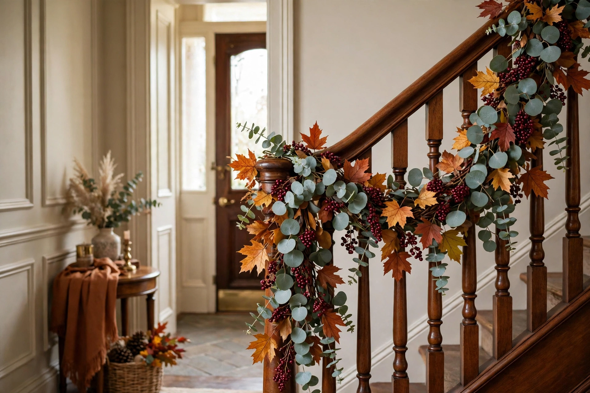 Staircase garland with eucalyptus and burgundy berries