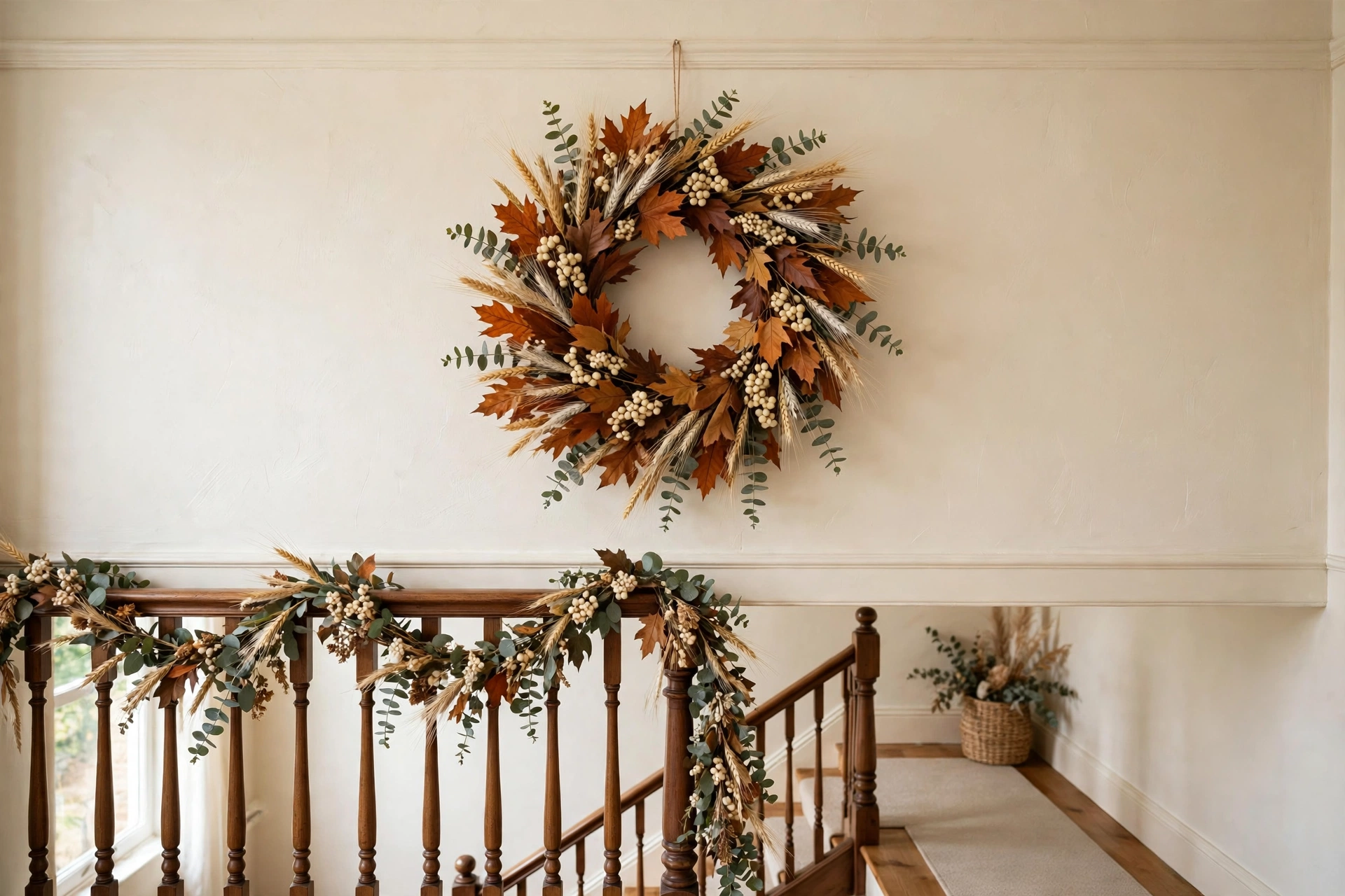 Autumn wreath above a staircase landing