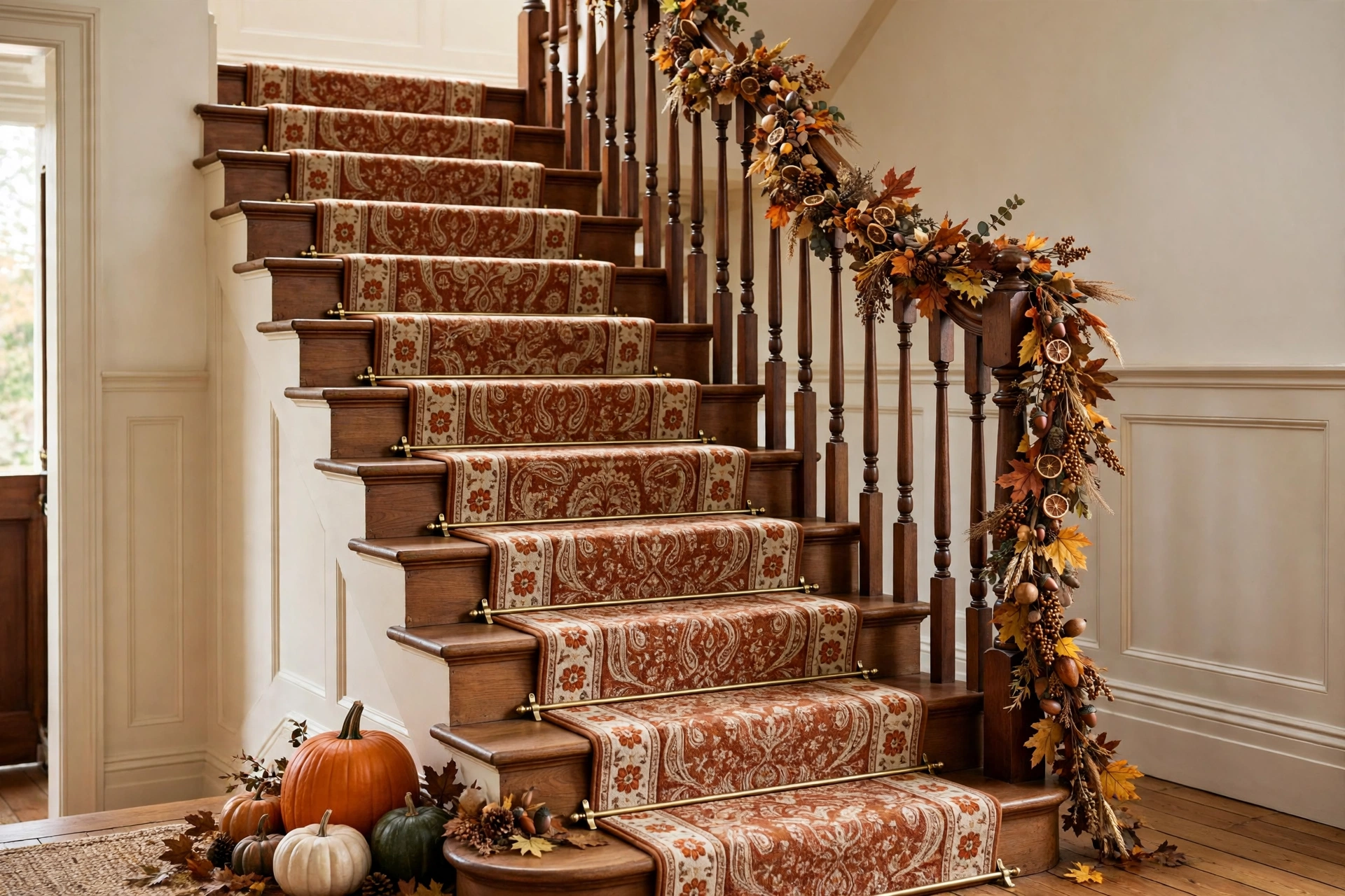 Staircase with rust and cream runner and brass rods