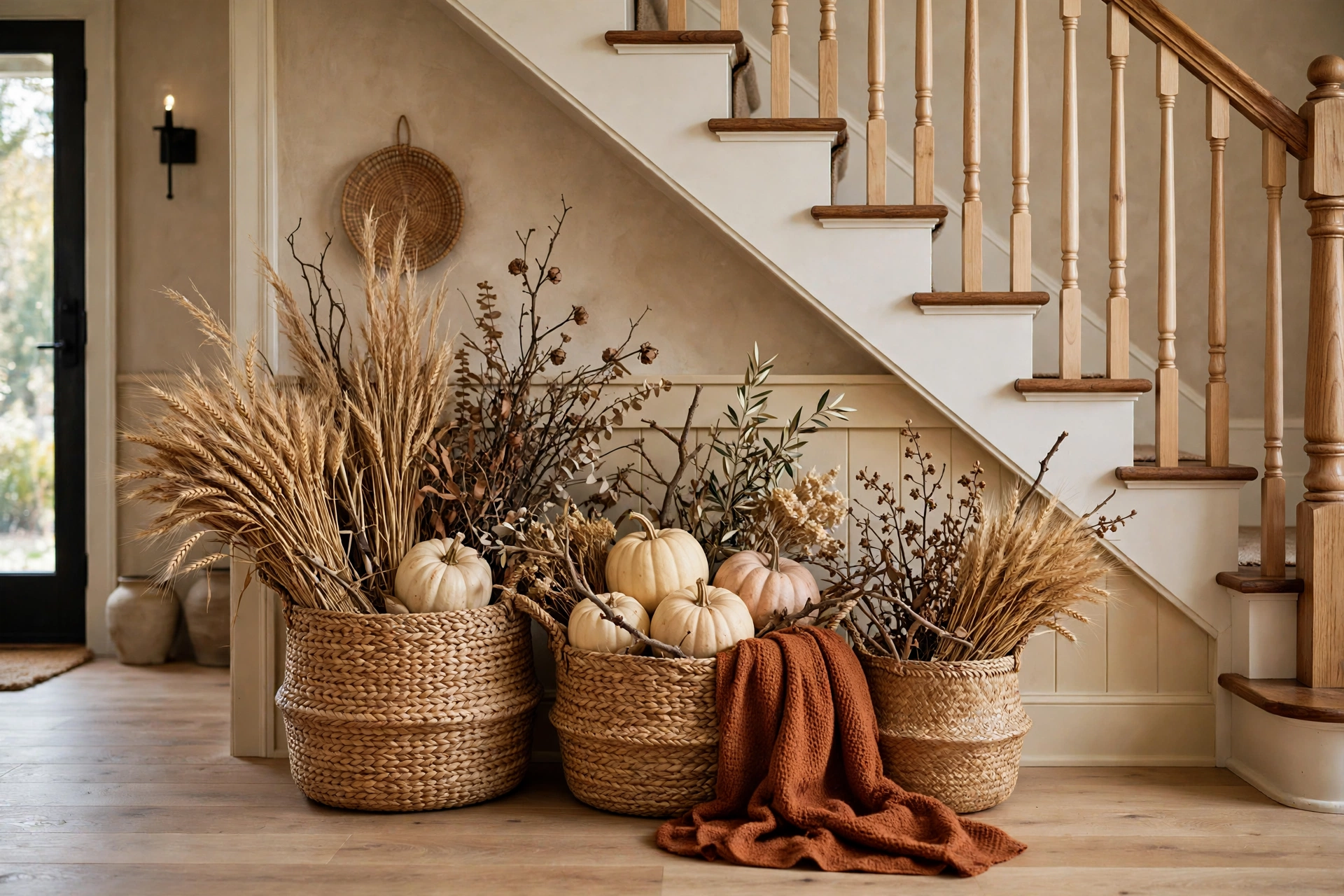 Woven baskets with wheat and pumpkins at the staircase base