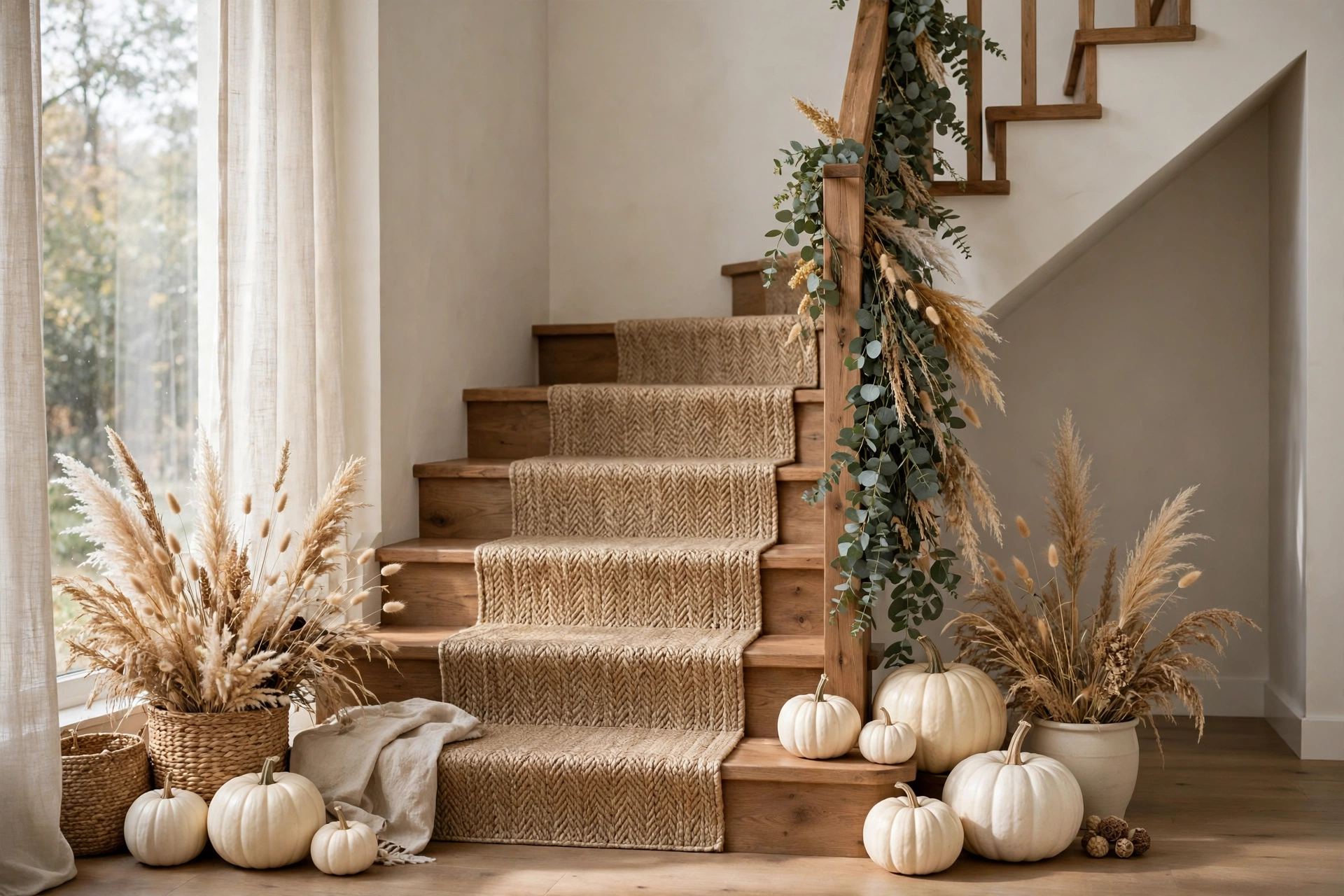 Neutral staircase with white pumpkins and eucalyptus garland