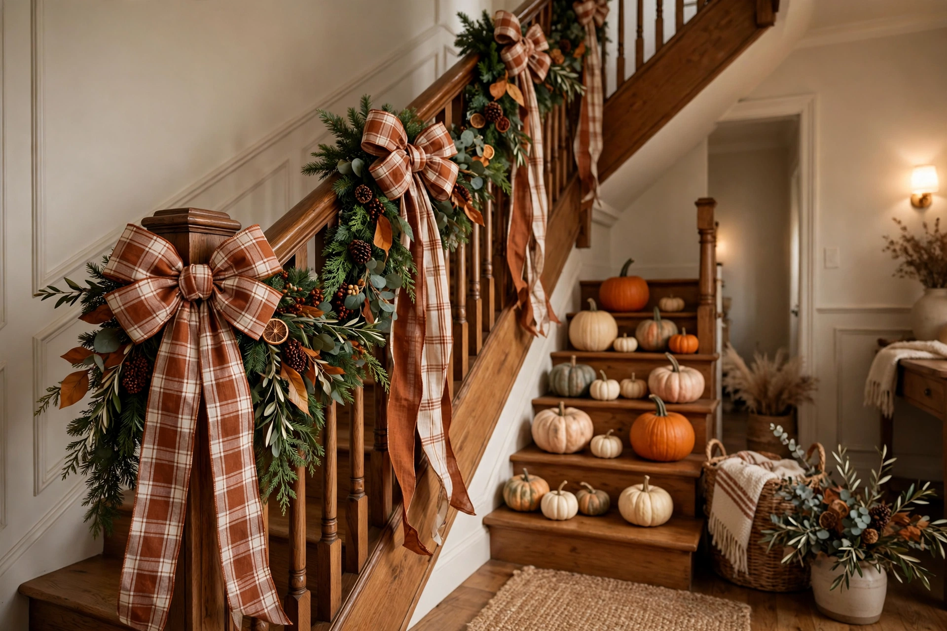 Banister garland tied with plaid ribbon bows