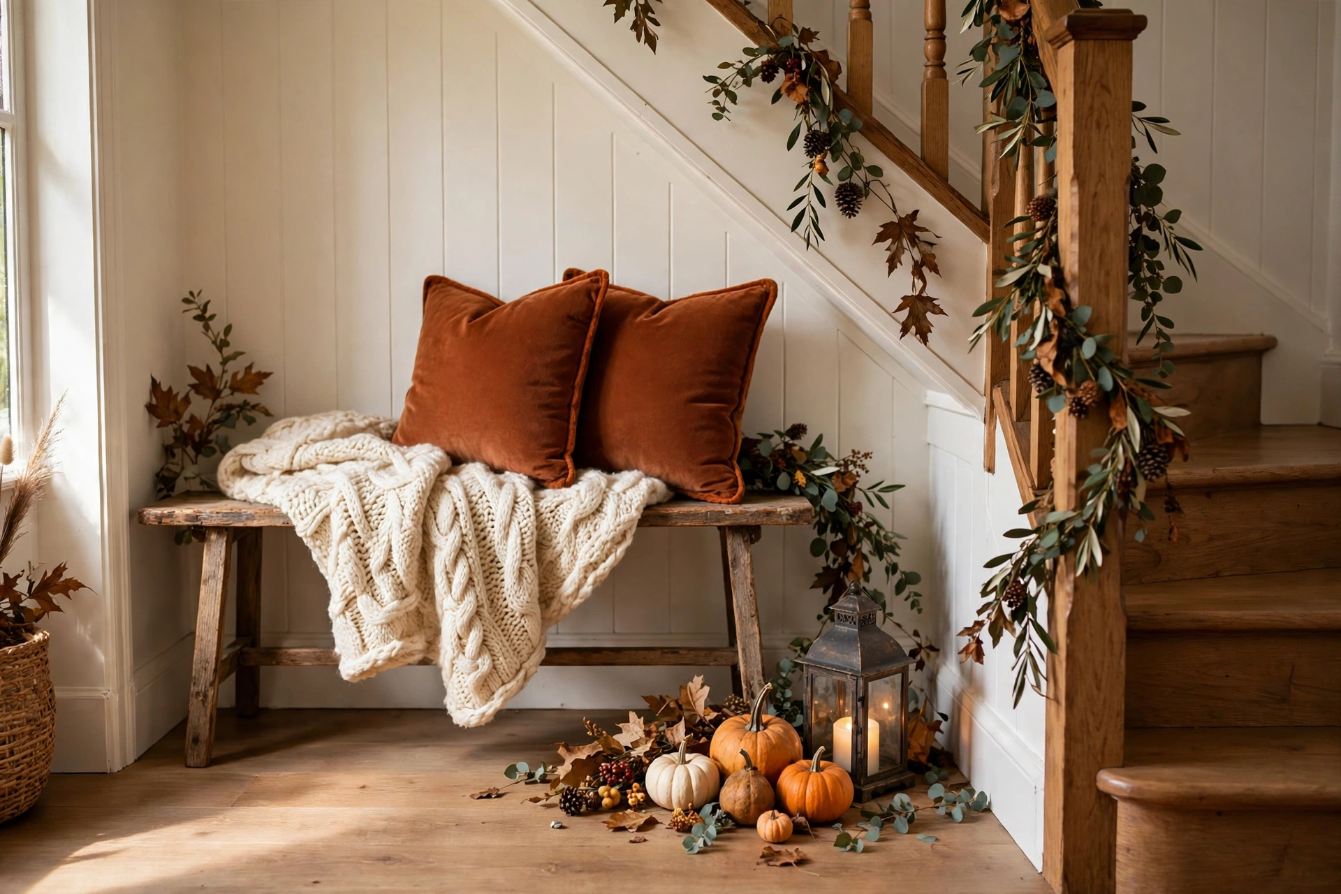 Staircase landing with bench, knit throw and lantern