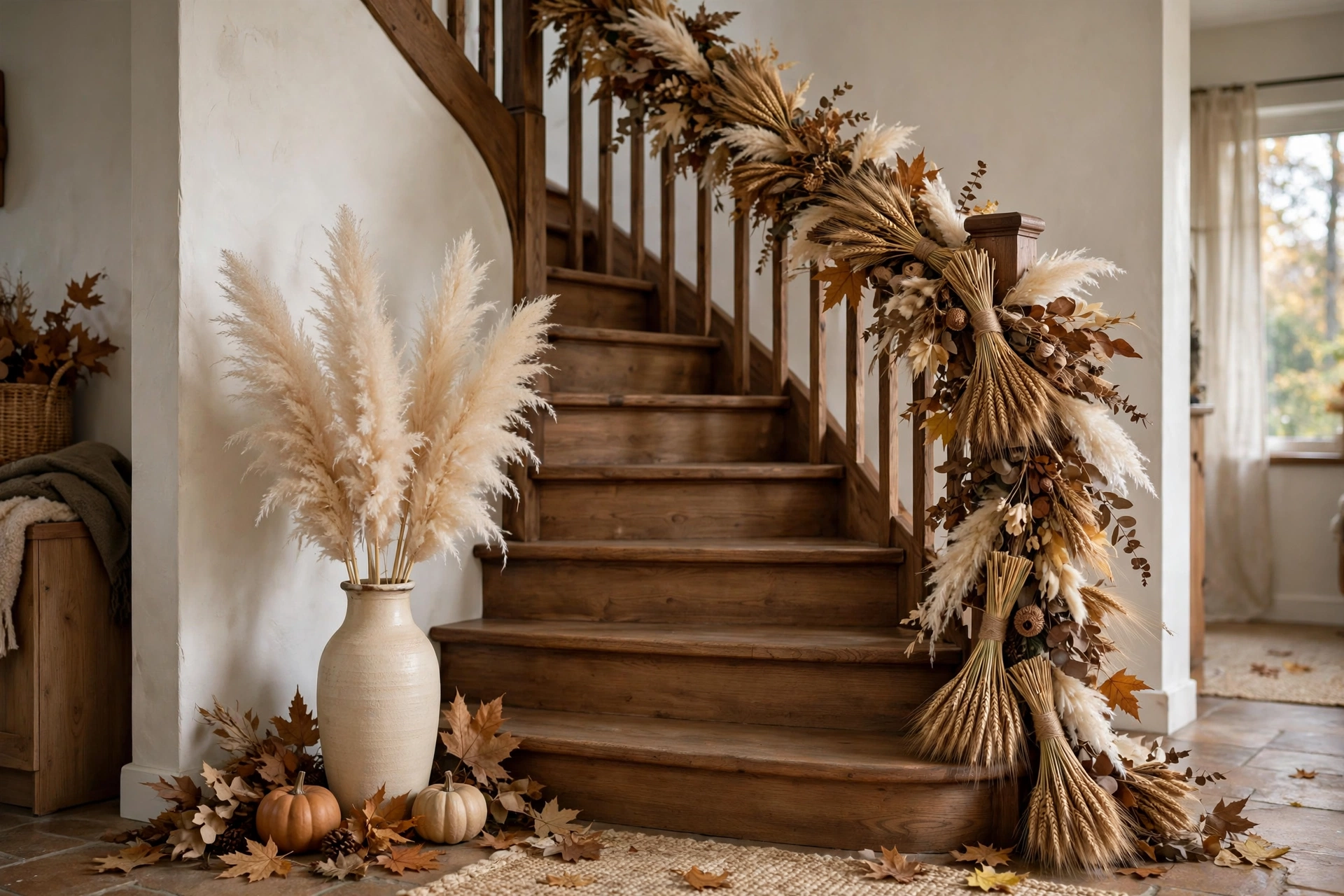 Staircase garland with dried wheat and pampas grass