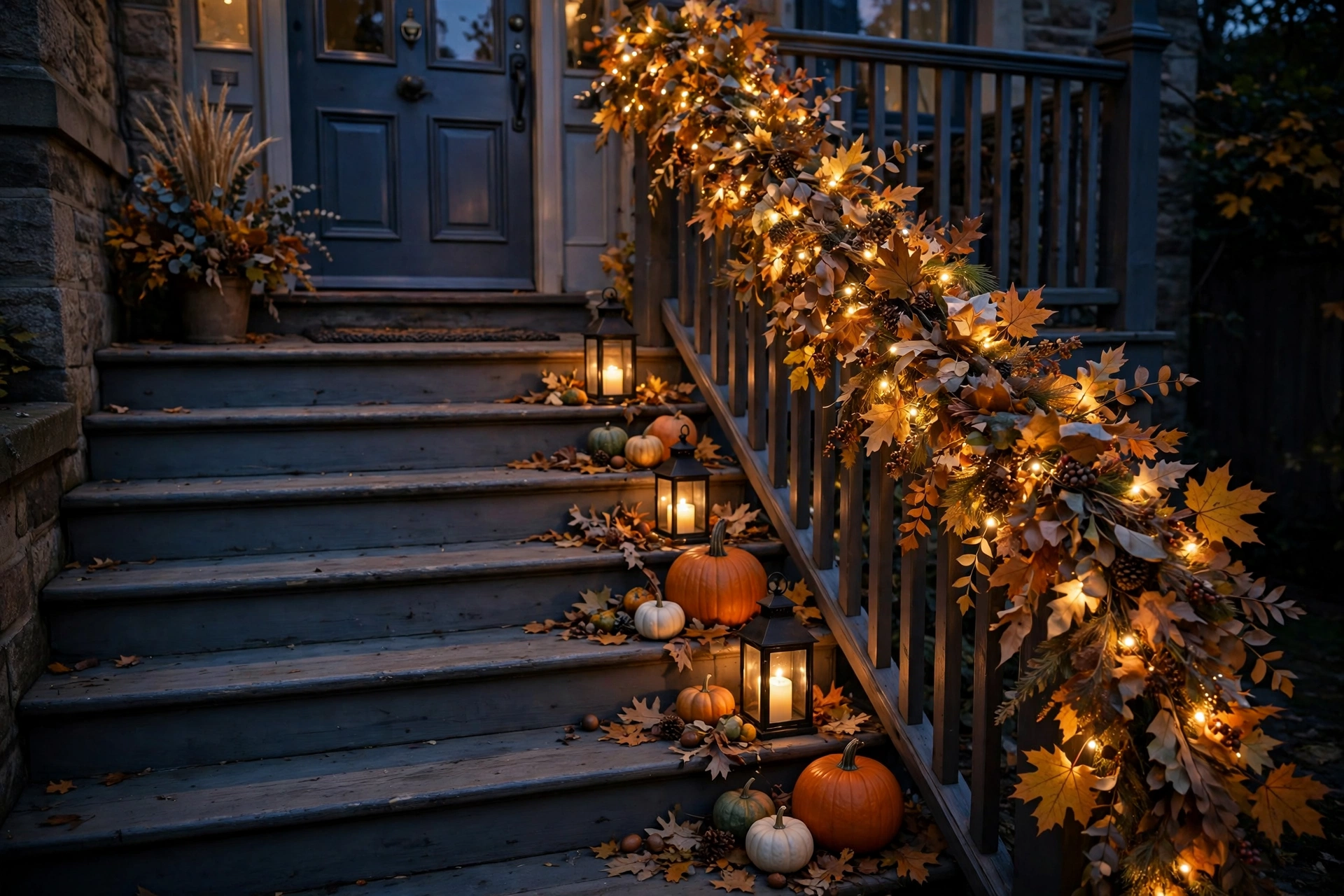 Staircase garland with warm string lights