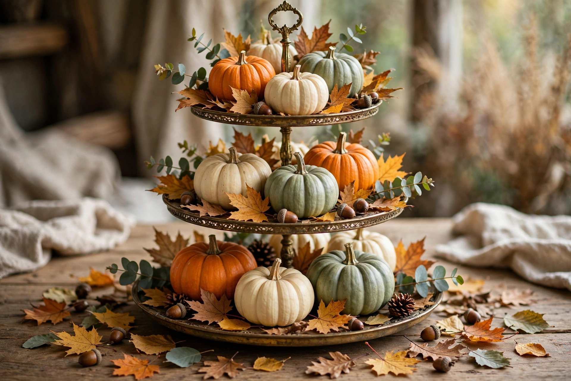 Fall tiered tray styled with a trio of pumpkins in orange, cream and sage