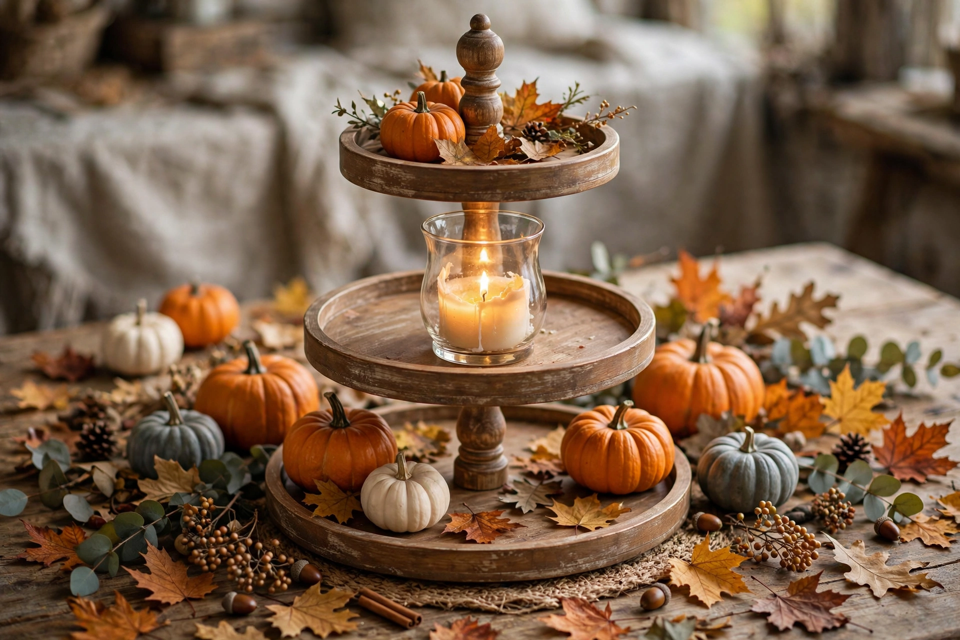 Fall tiered tray with candlelight glowing on the middle tier