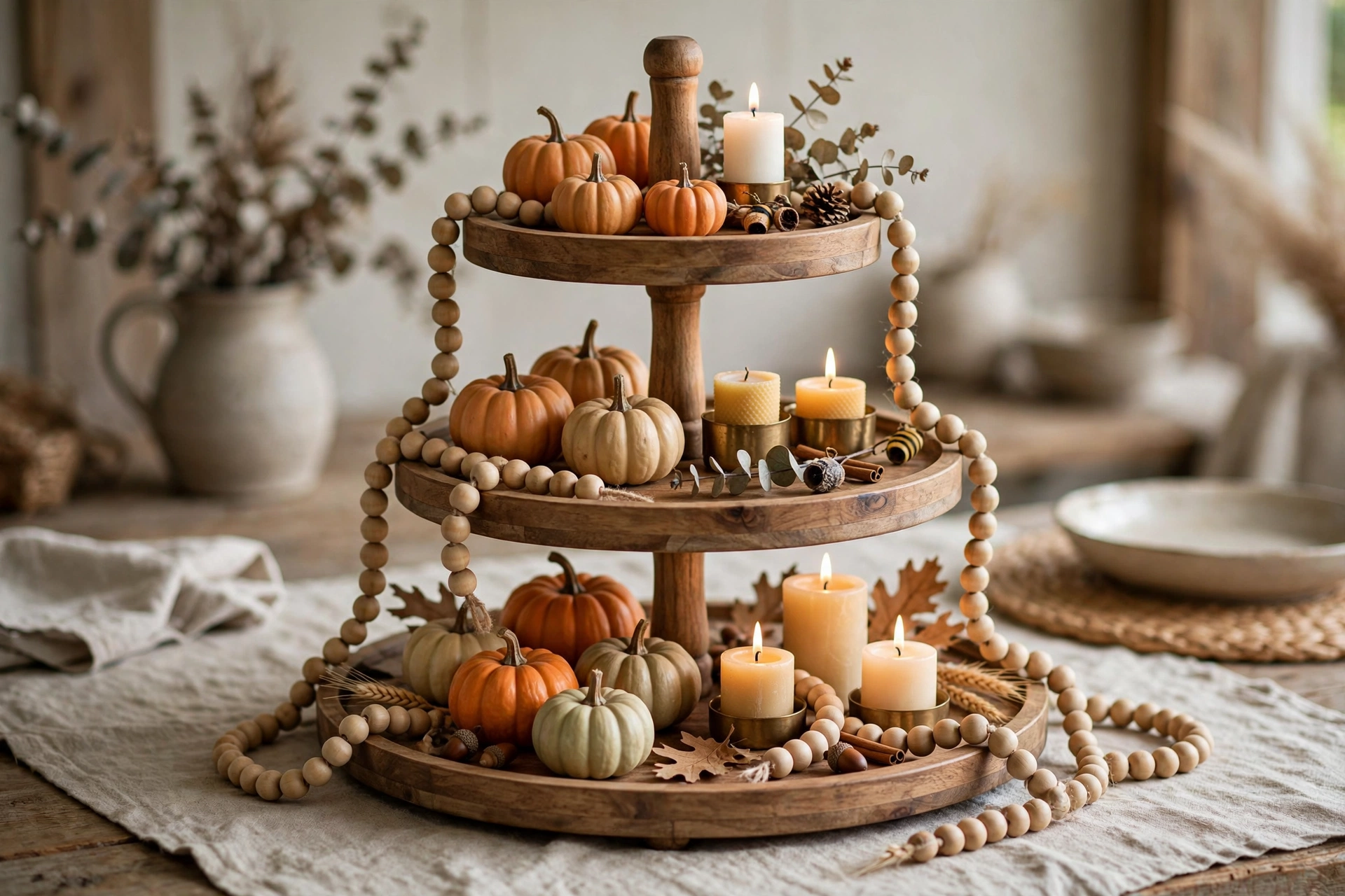 Wood bead garland draped over a fall tiered tray