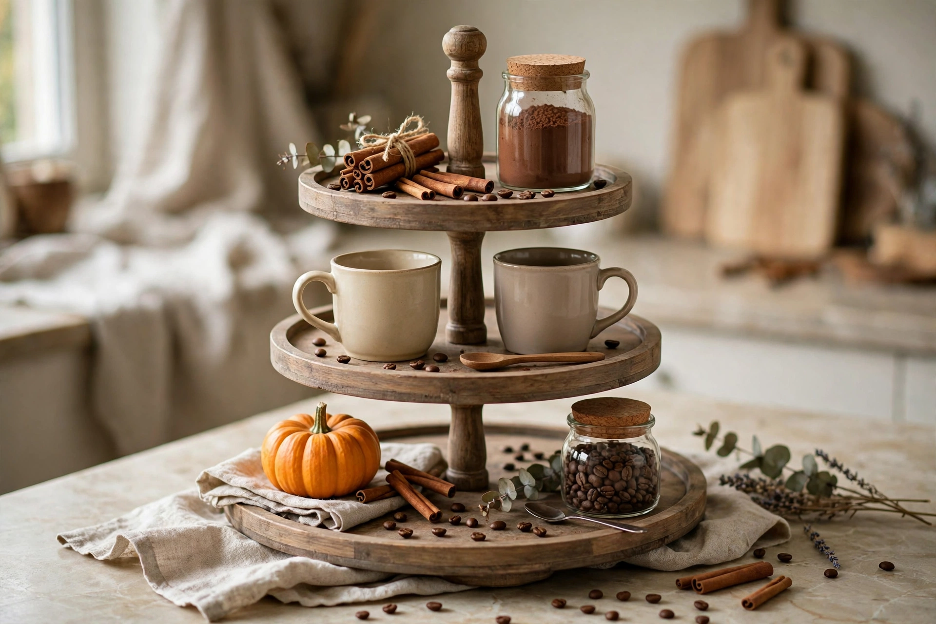 Fall tiered tray styled as a coffee and cocoa corner with mugs and jars