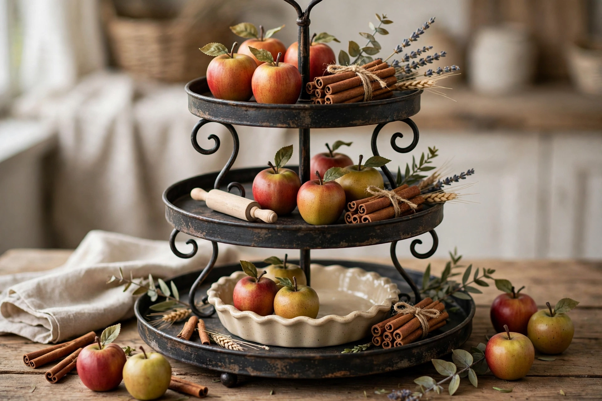 Baking and pie themed fall tiered tray with miniature kitchen pieces