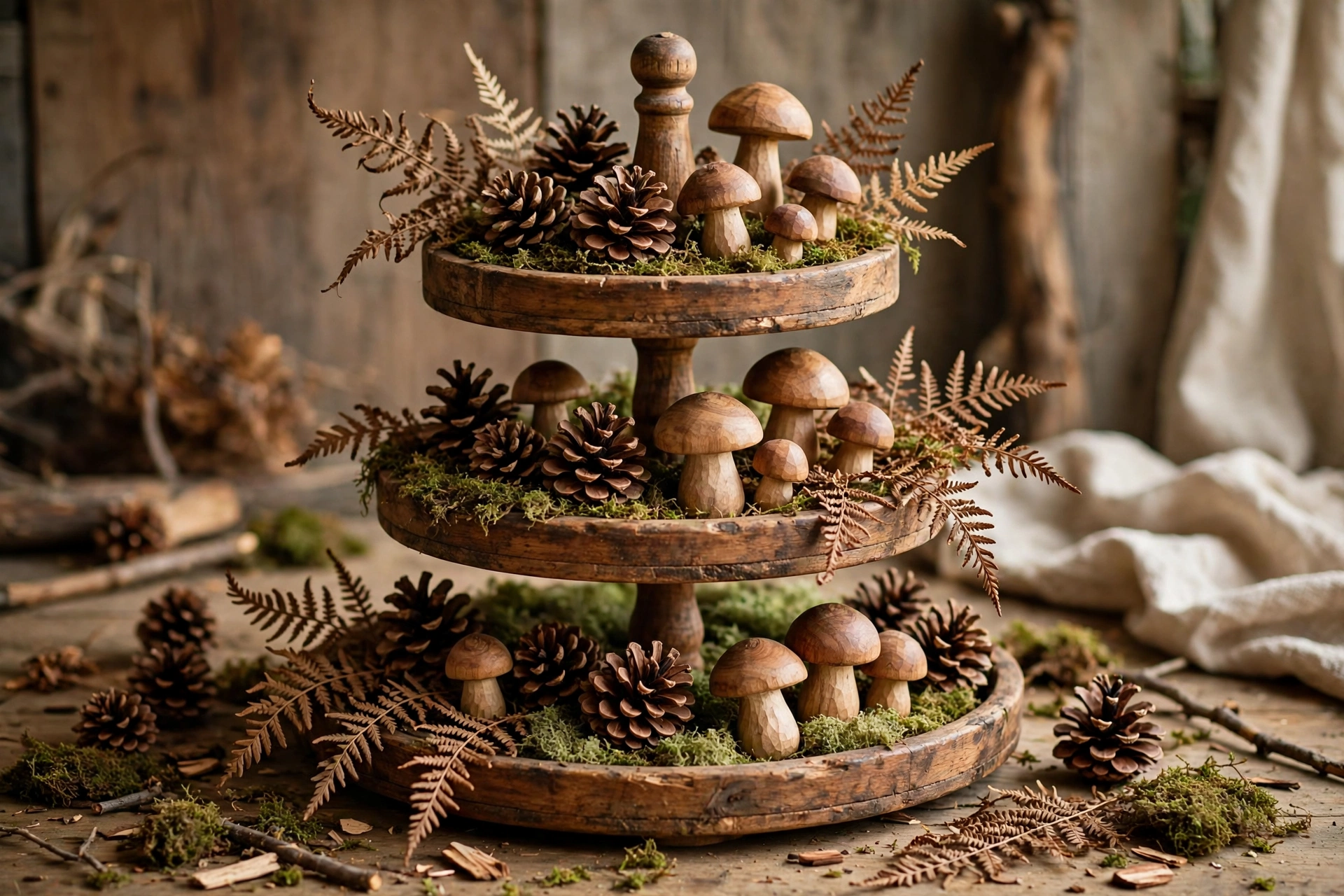 Rustic fall tiered tray with pinecones and woodland pieces
