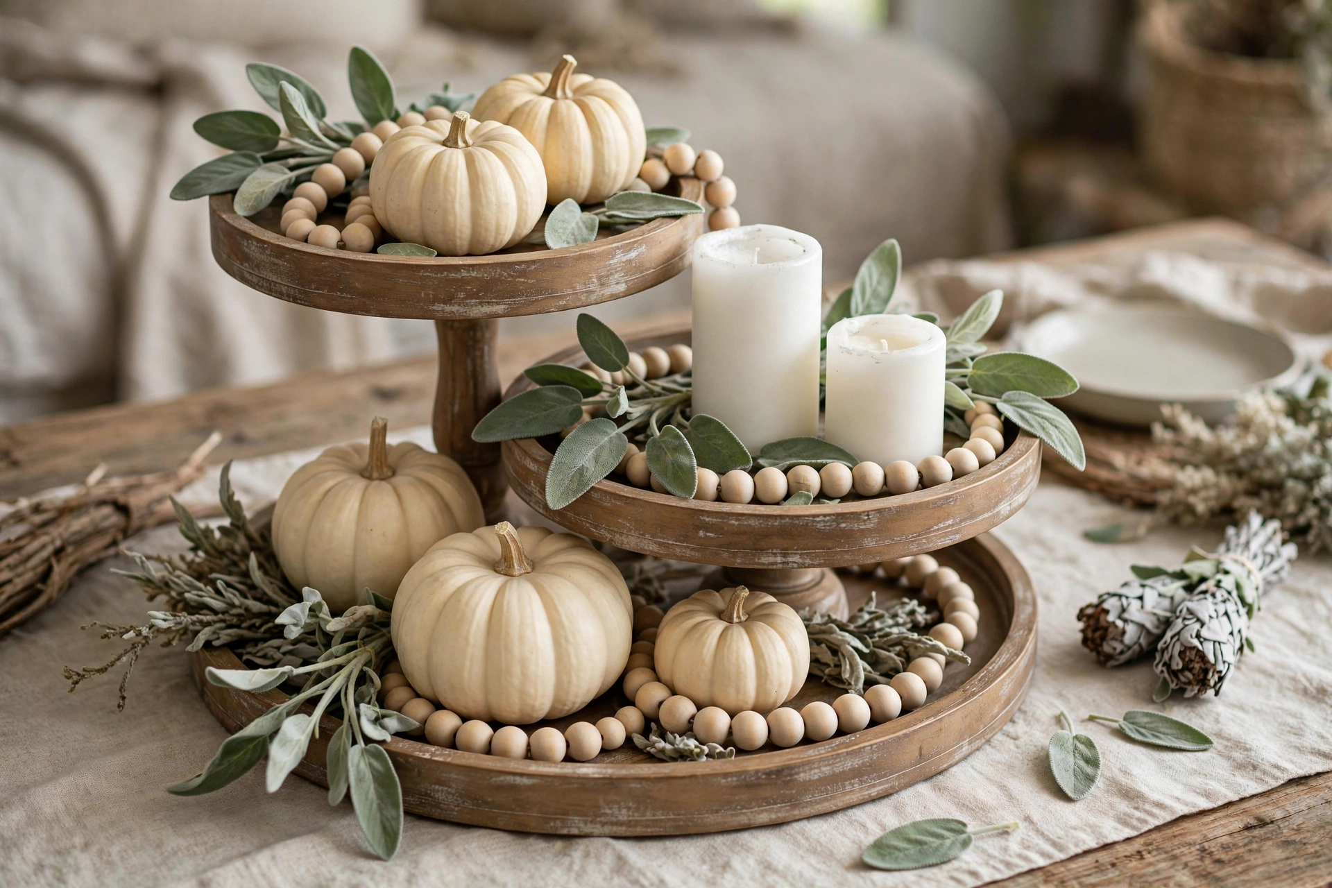 Neutral cream and sage fall tiered tray