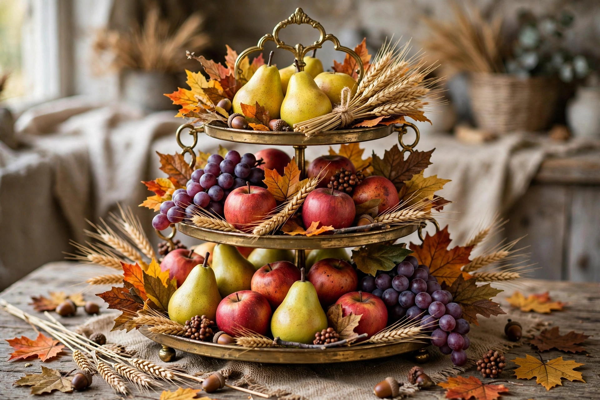 Fall tiered tray filled with harvest fruit and autumn foliage
