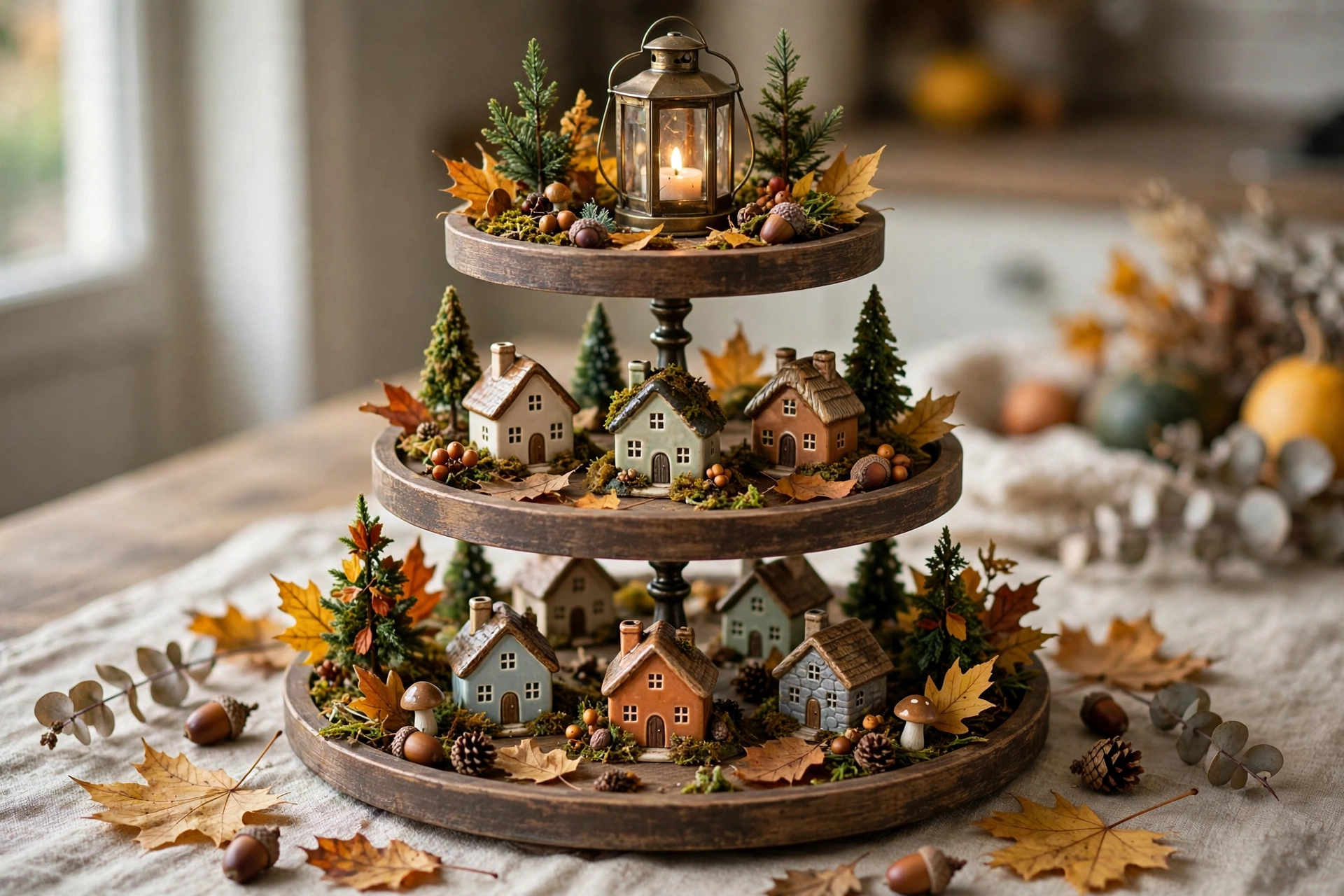 Fall tiered tray with tiny houses creating a cozy autumn village