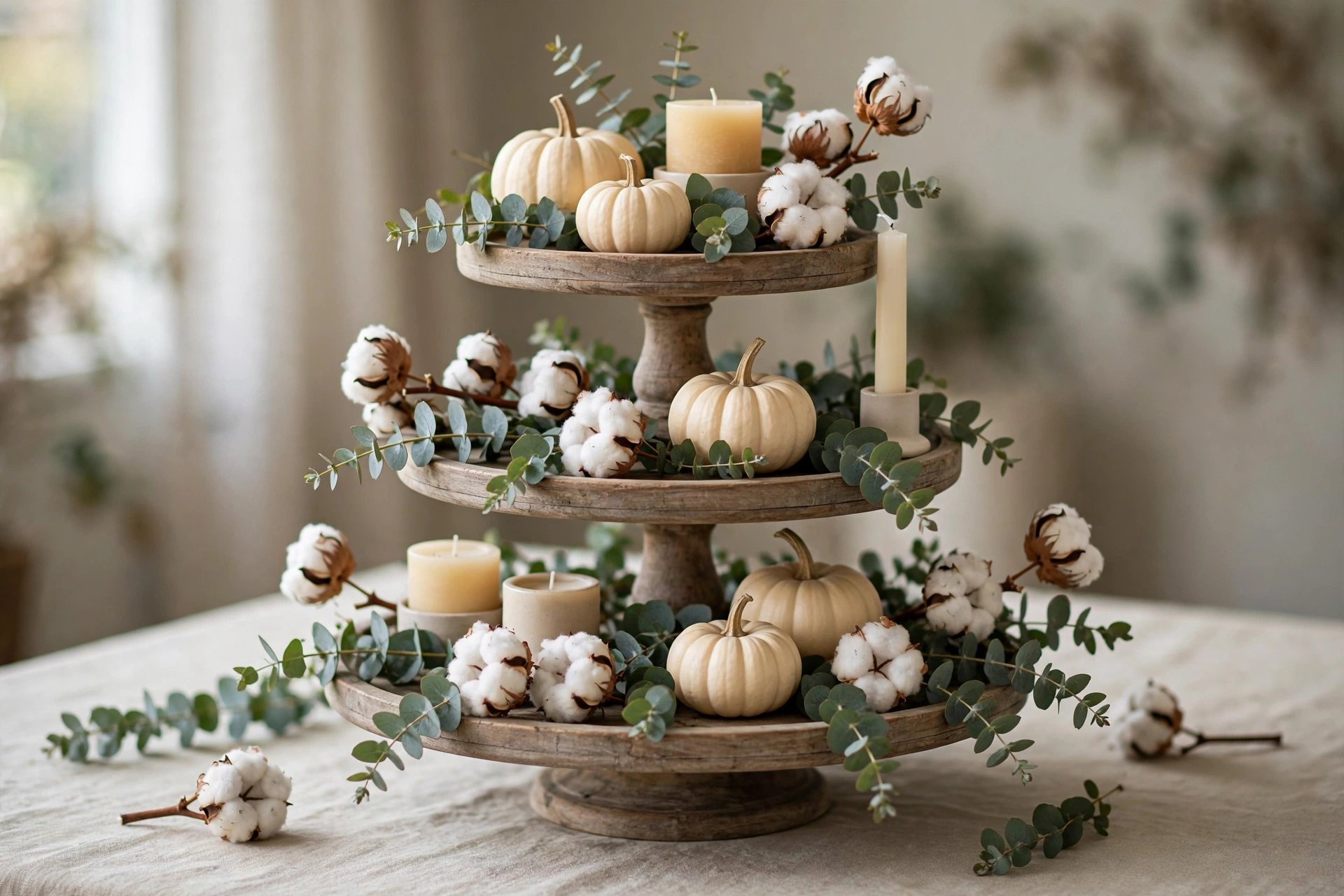 Fall tiered tray softened with eucalyptus and cotton stems