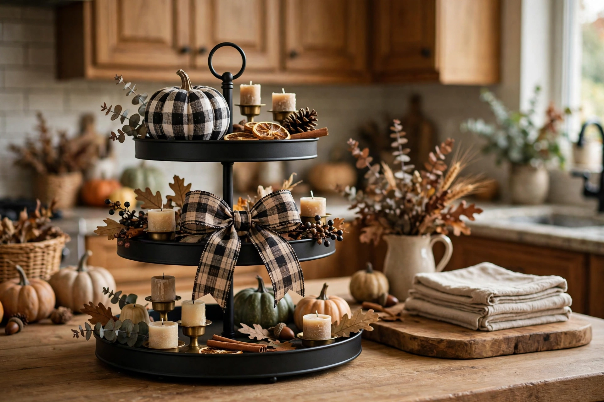 Fall tiered tray with plaid and buffalo check accents