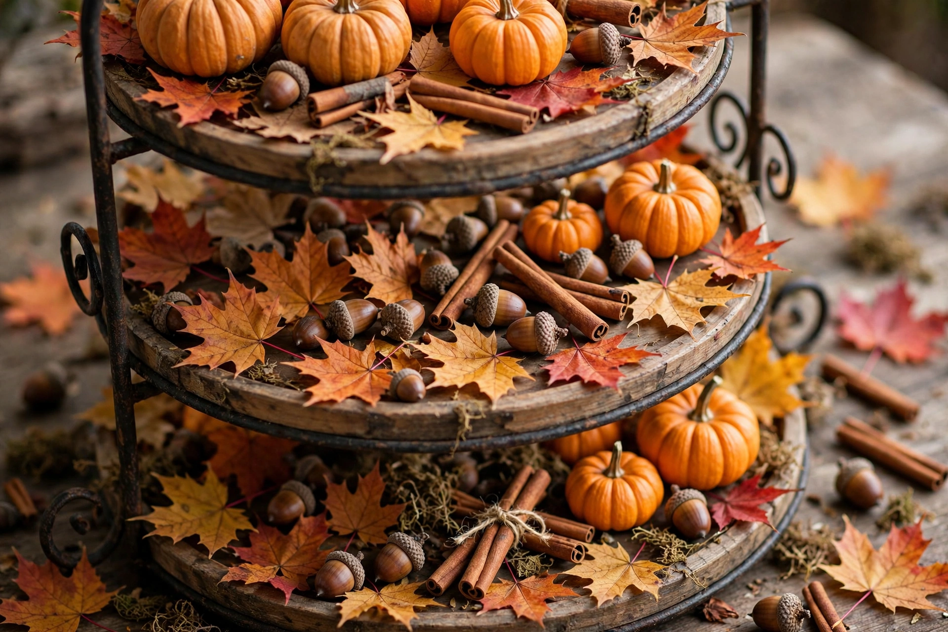 Fall tiered tray scattered with leaves, acorns and tiny fillers