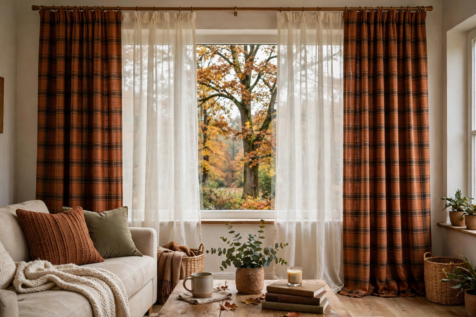 Living room window with sheer curtains and plaid fall panels