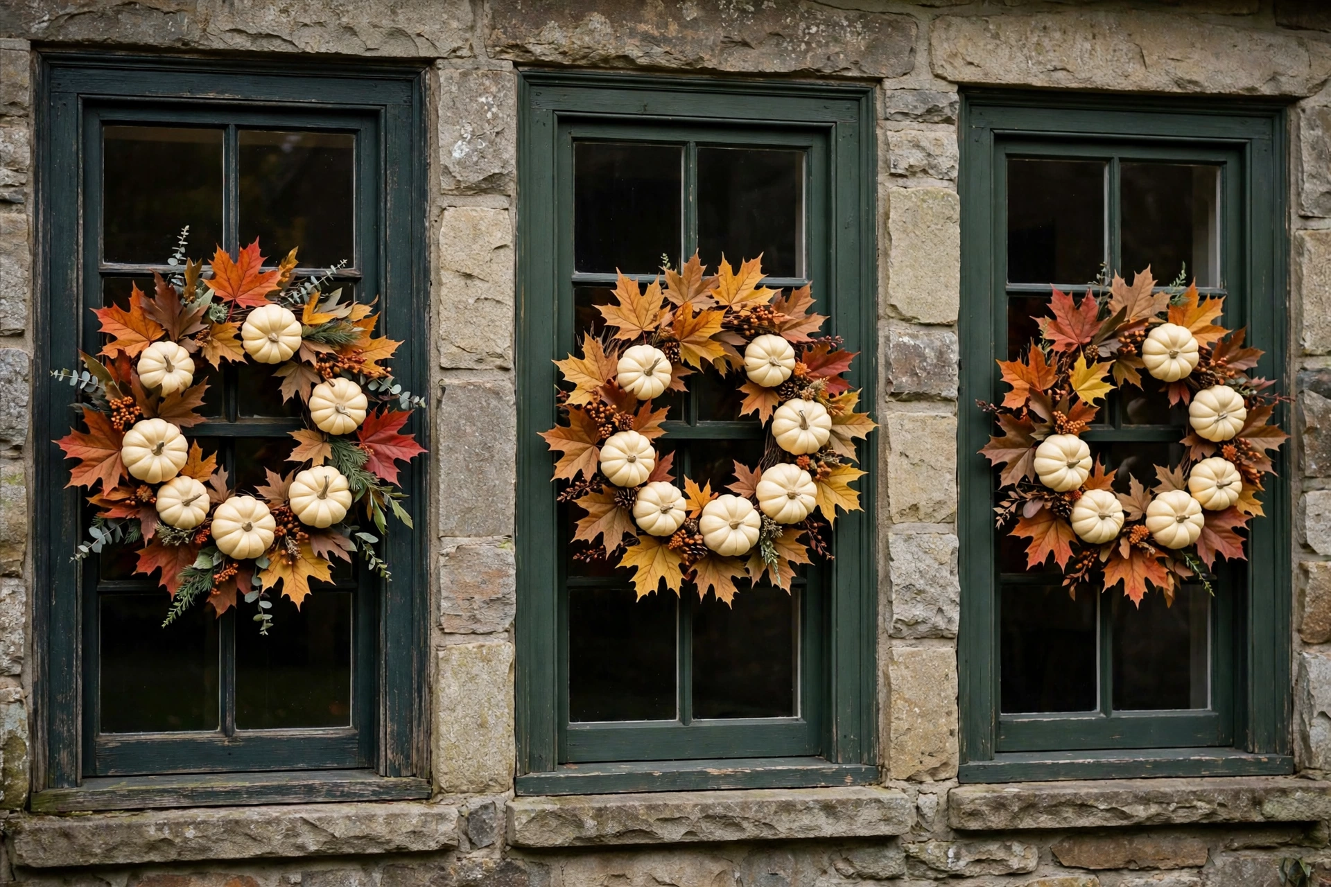Mini autumn wreaths hanging on windows
