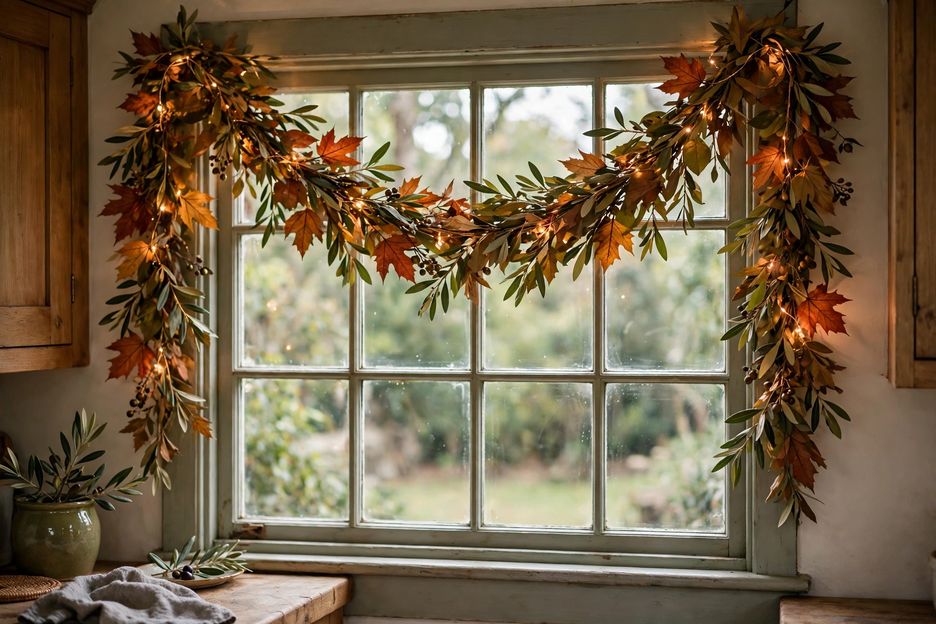 Leaf garland draped across a kitchen window