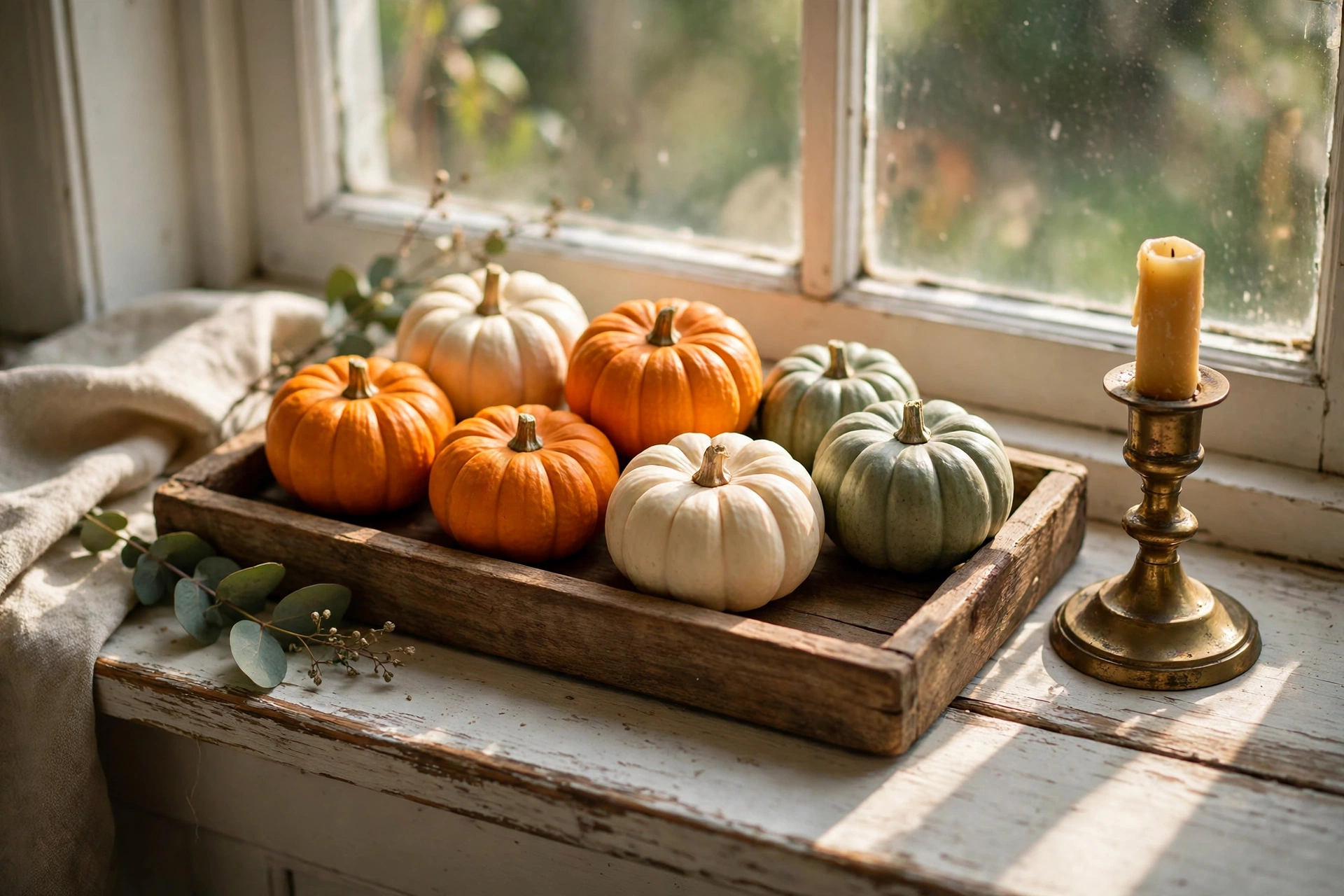 Windowsill styled with mini pumpkins and a candle