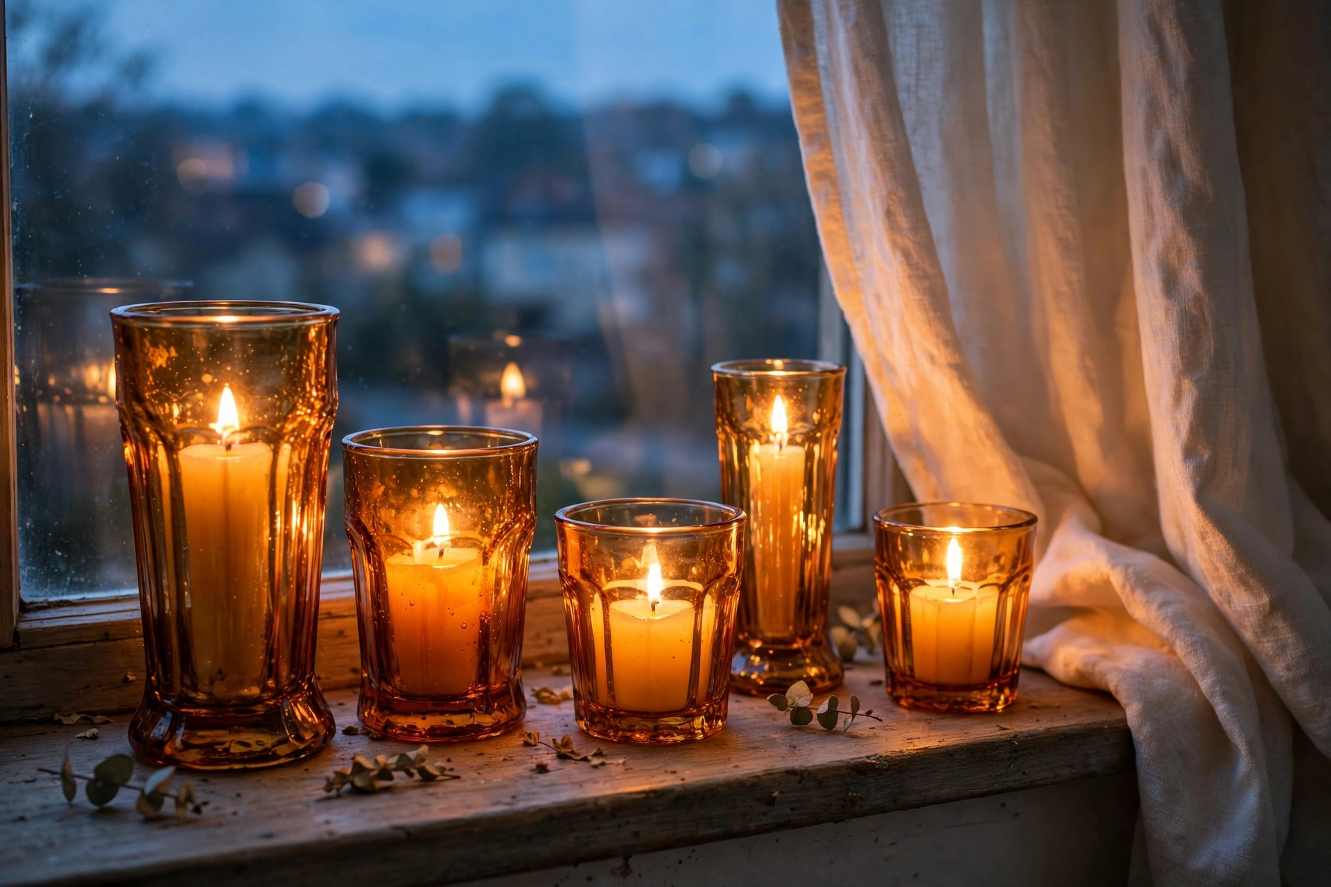 Amber glass candle holders glowing on a windowsill