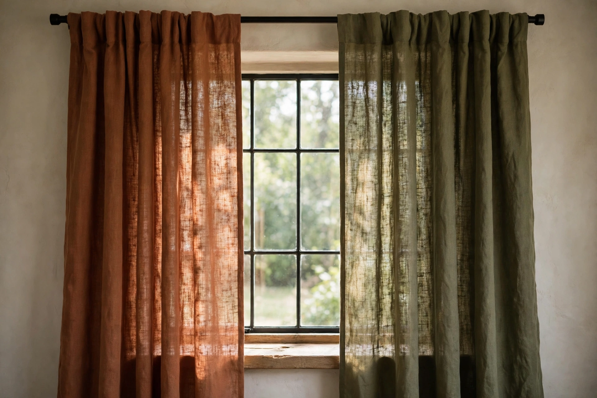 Rust and olive linen curtains on a fall window