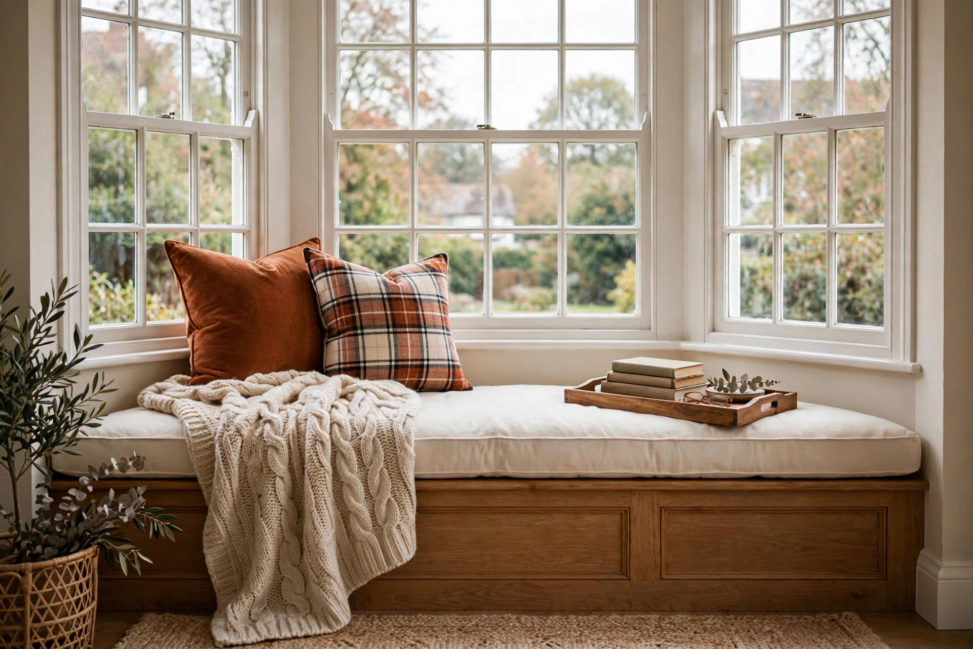 Cozy bay window seat with fall pillows
