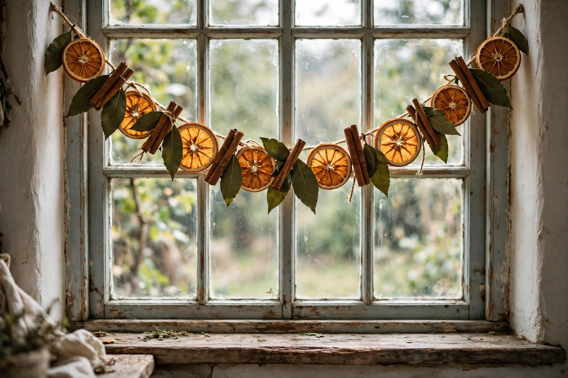 Dried orange and cinnamon garland on a kitchen window