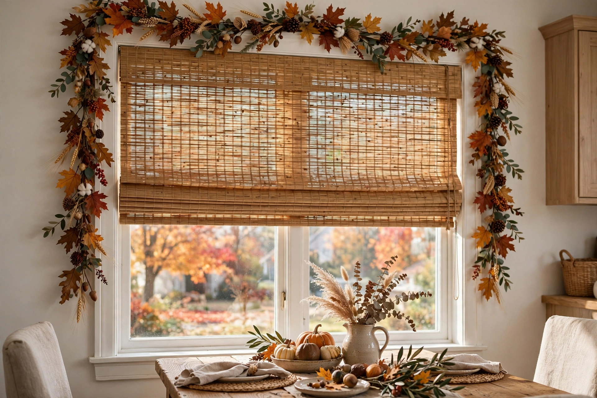 Woven Roman shade on a fall dining room window