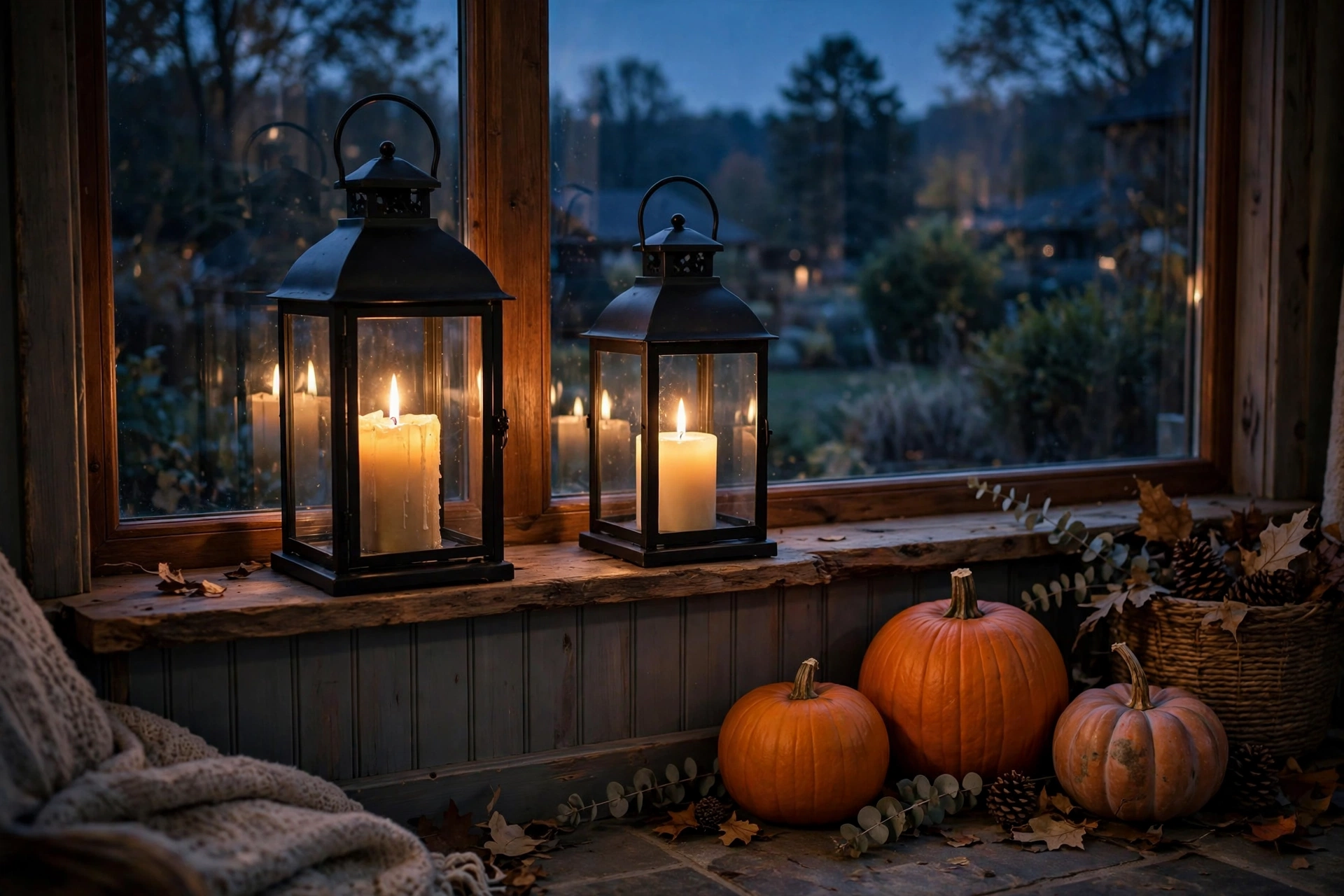 Lanterns beside a picture window in the evening
