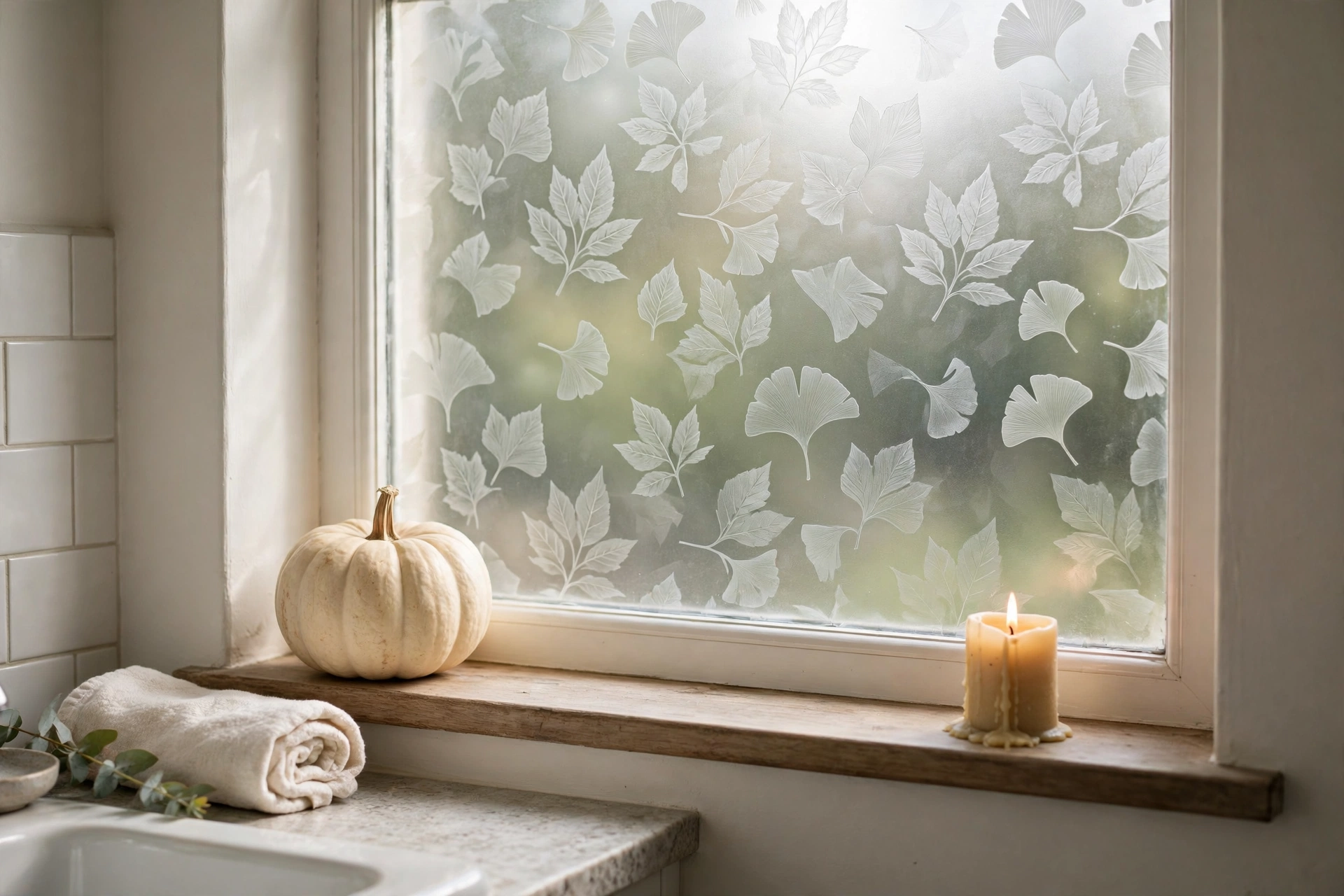 Frosted leaf window film in a bathroom