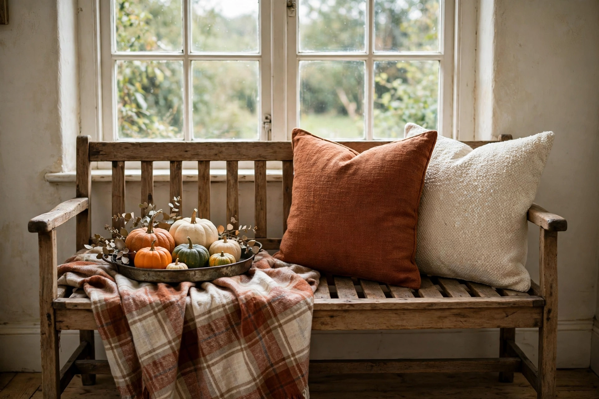 Bench with fall pillows beneath a window